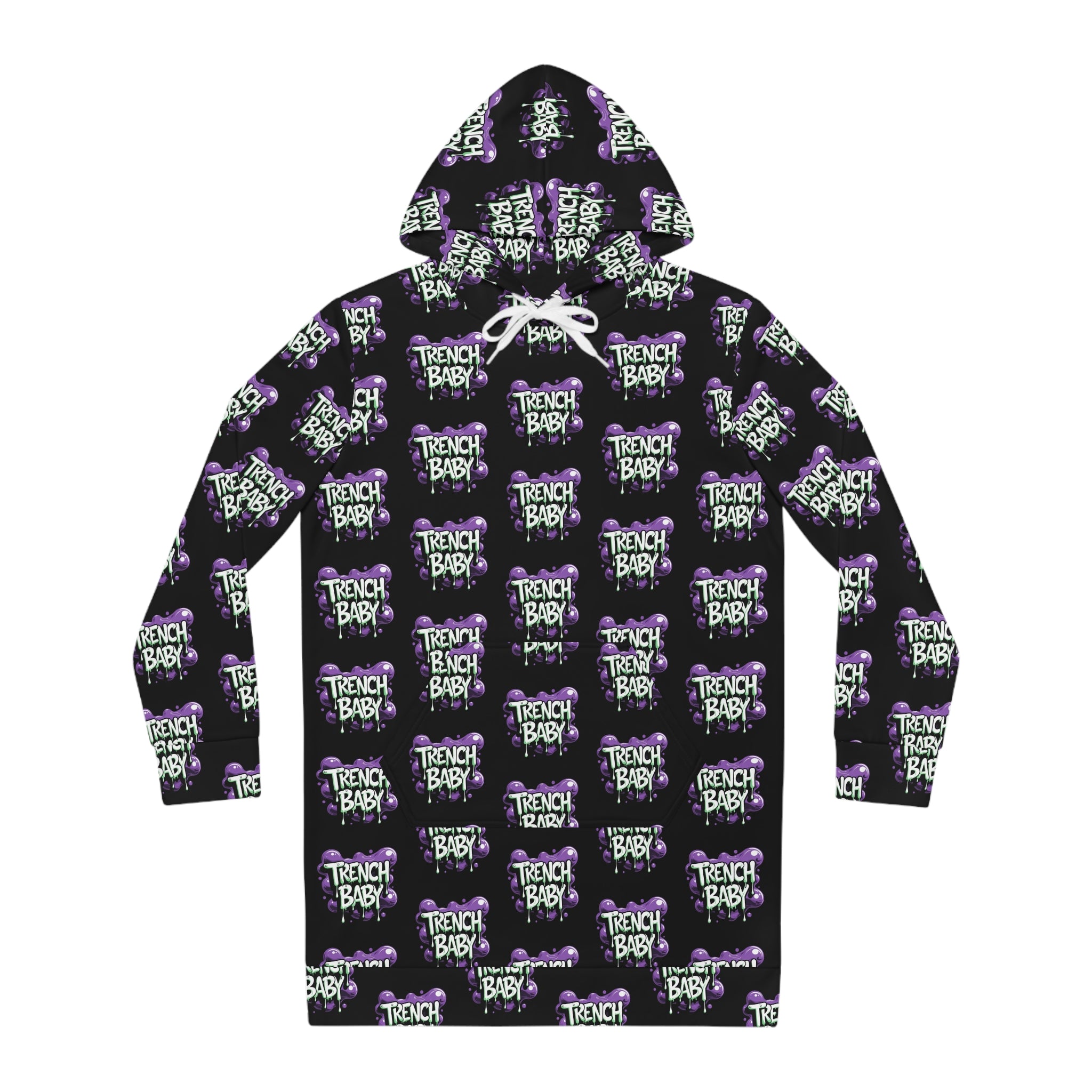Hoodie Dress — "French Baby" All-Over Print Gothic Purple Graphic