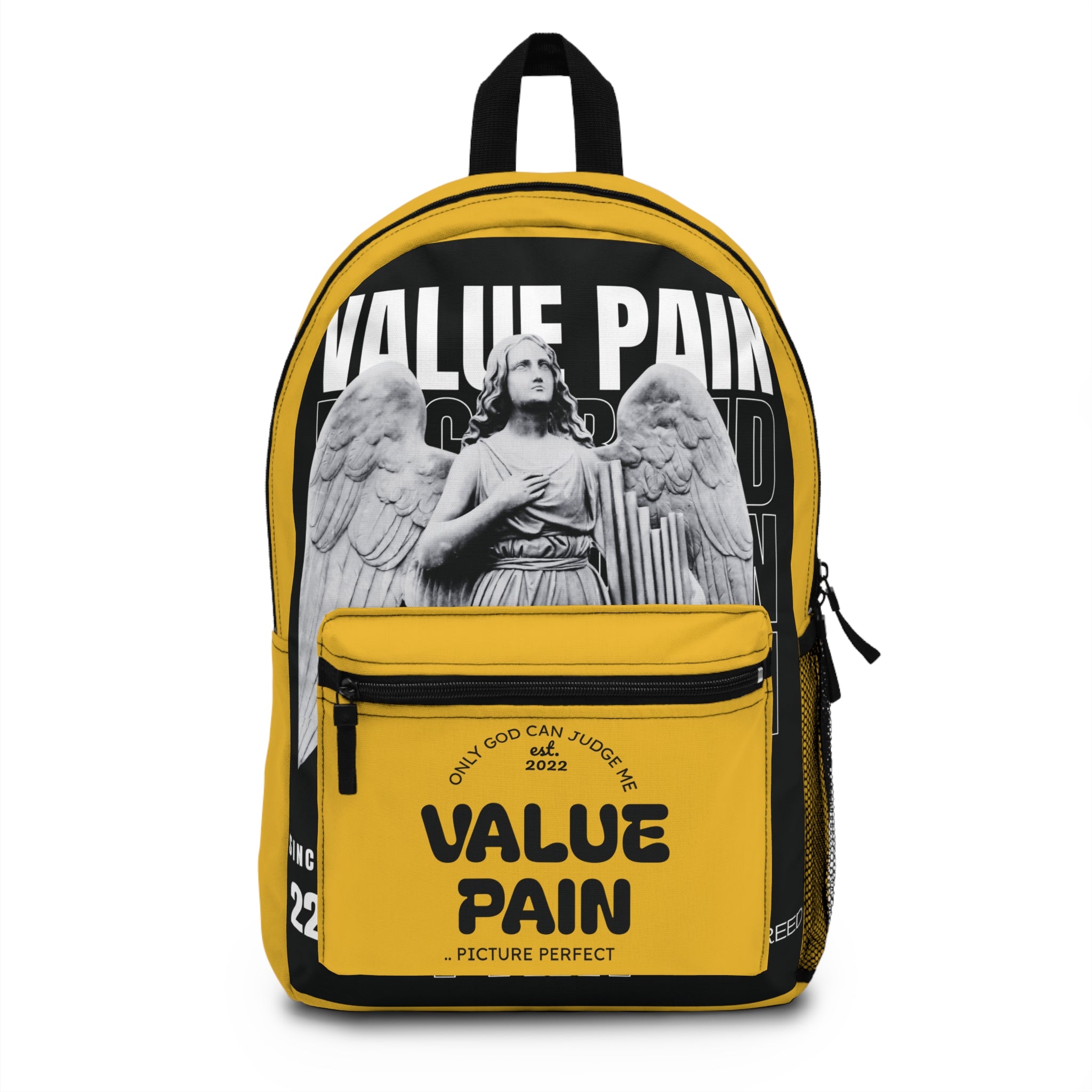 Value Pain Angel Statue Backpack – Graphic Yellow School Bag