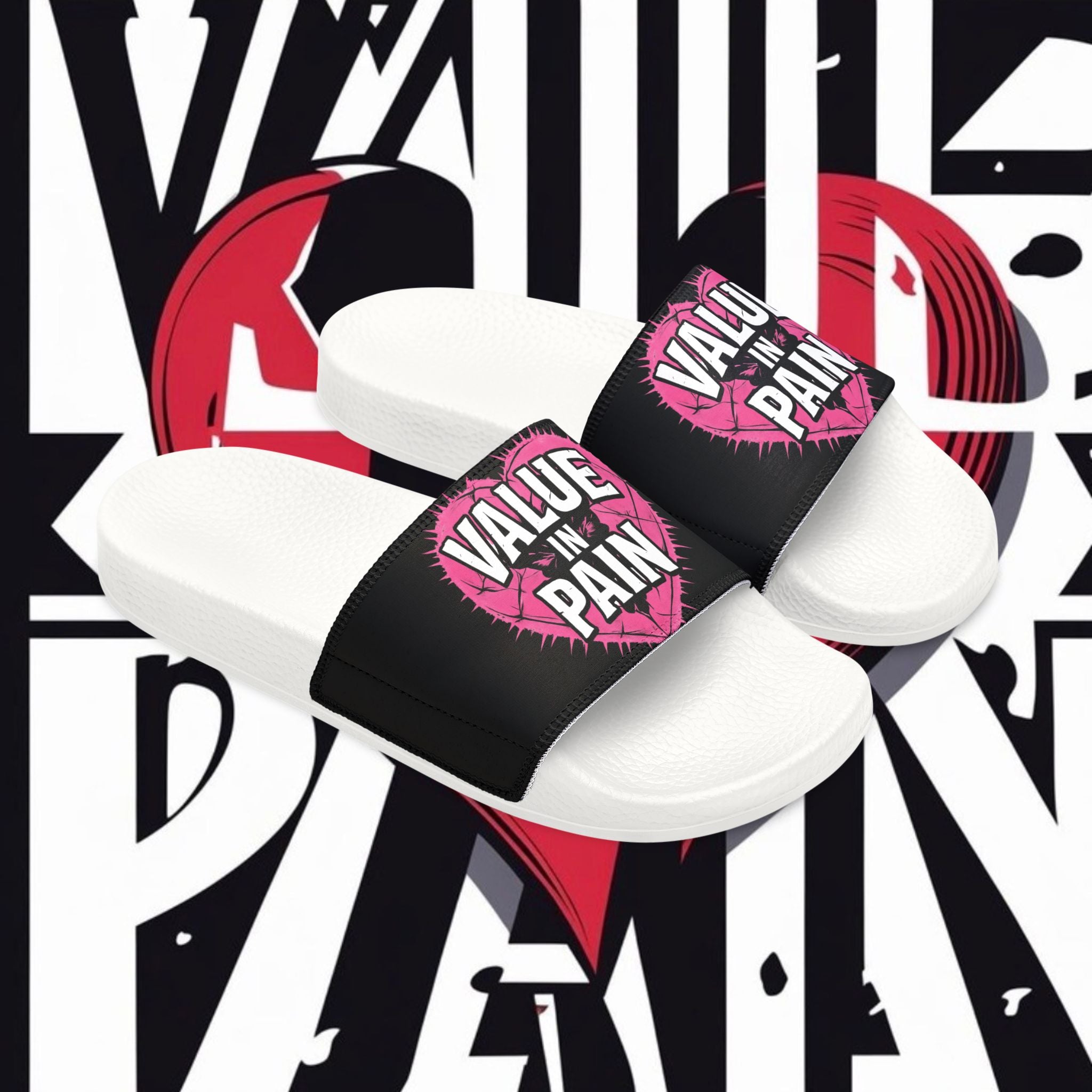 Slide Sandals — “Value in Pain” Graphic Pool Slides