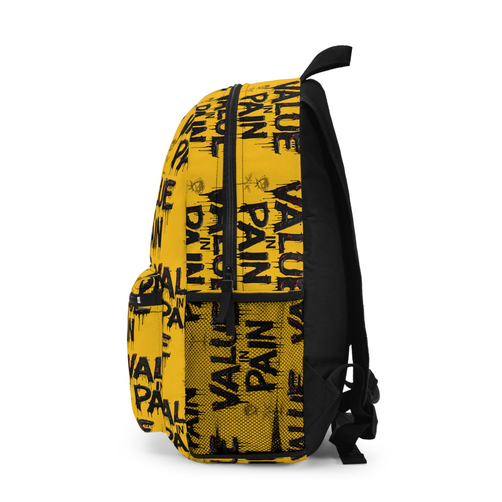 Backpack — Yellow "Value in Pain" Graphic Backpack (Streetwear, Urban Grunge)