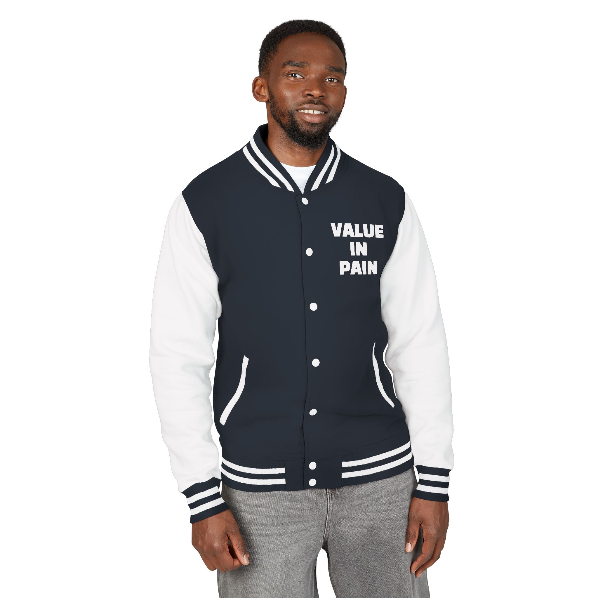 Letterman Jacket — Small Neon Portrait Patch & Repeated 'Different Breed Apparel' Back Print