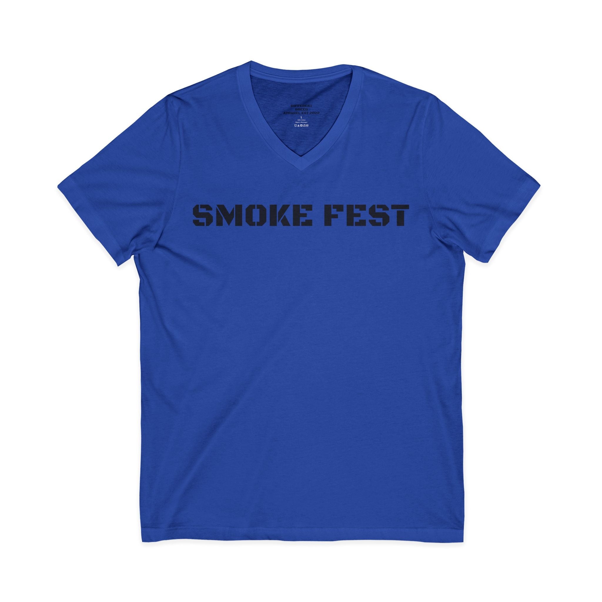 Smoke Fest V-Neck Tee — Bold Stencil Text T-Shirt for BBQ & Festival Fans