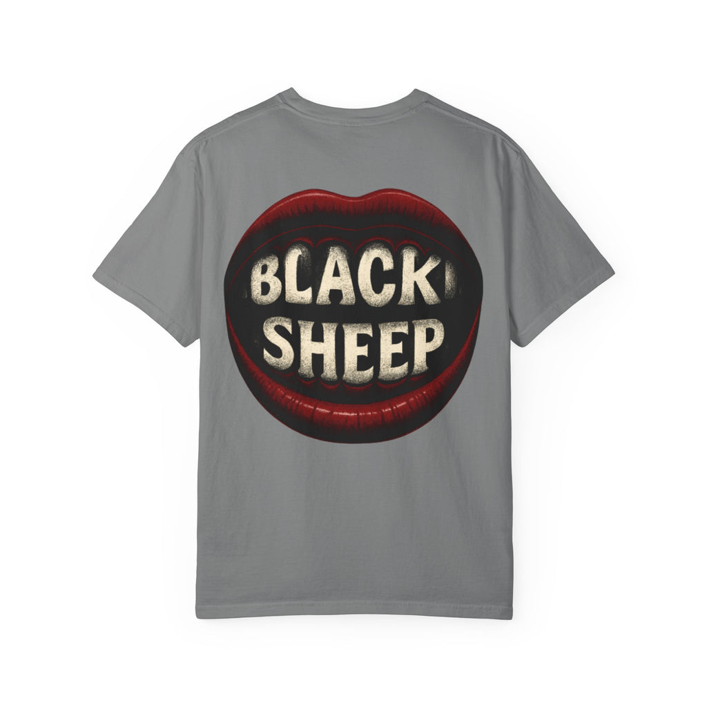 Black Sheep T-Shirt — Bold Back Lip Graphic & Front Text