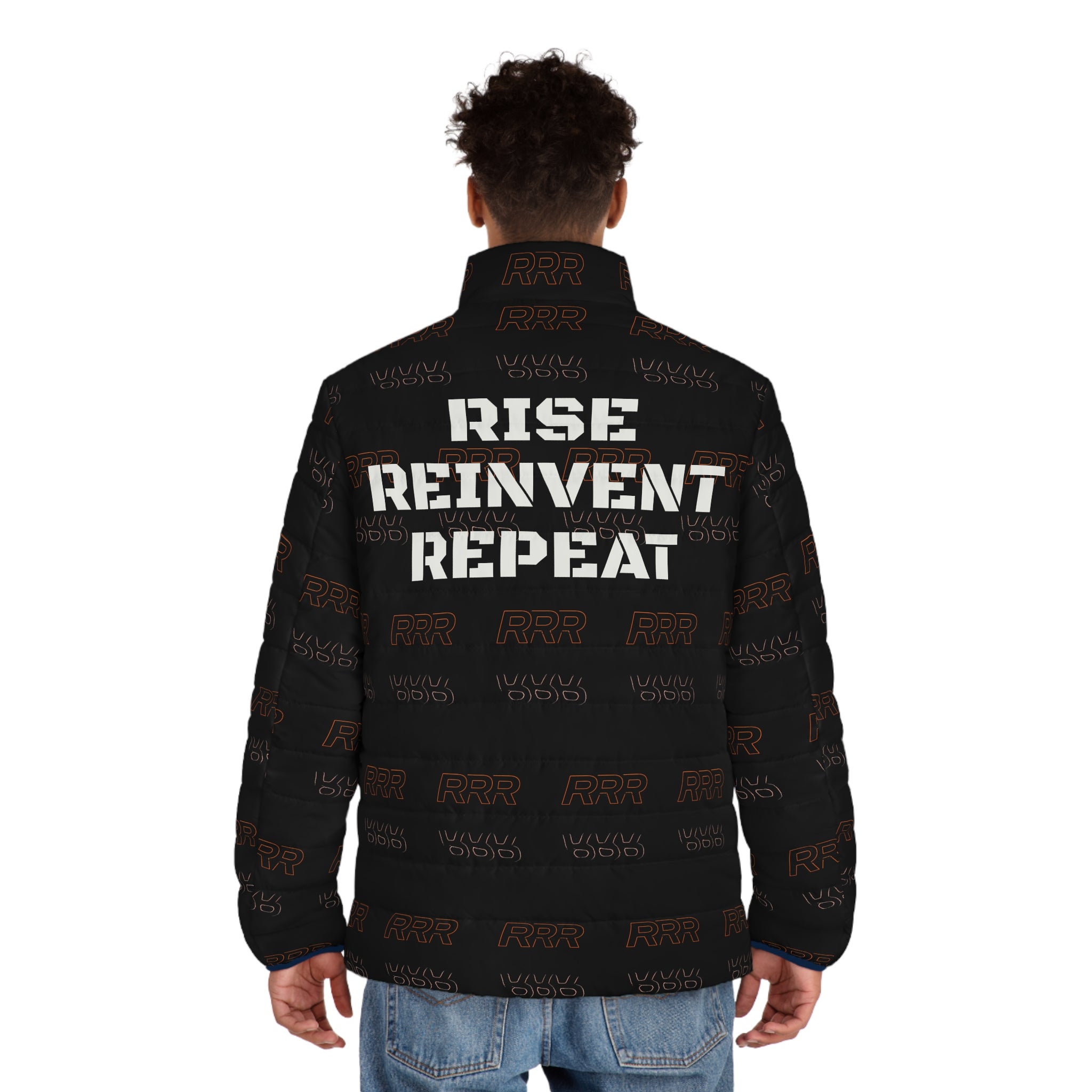 Puffer Jacket — "Rise Reinvent Repeat" Motivational All-Over Print