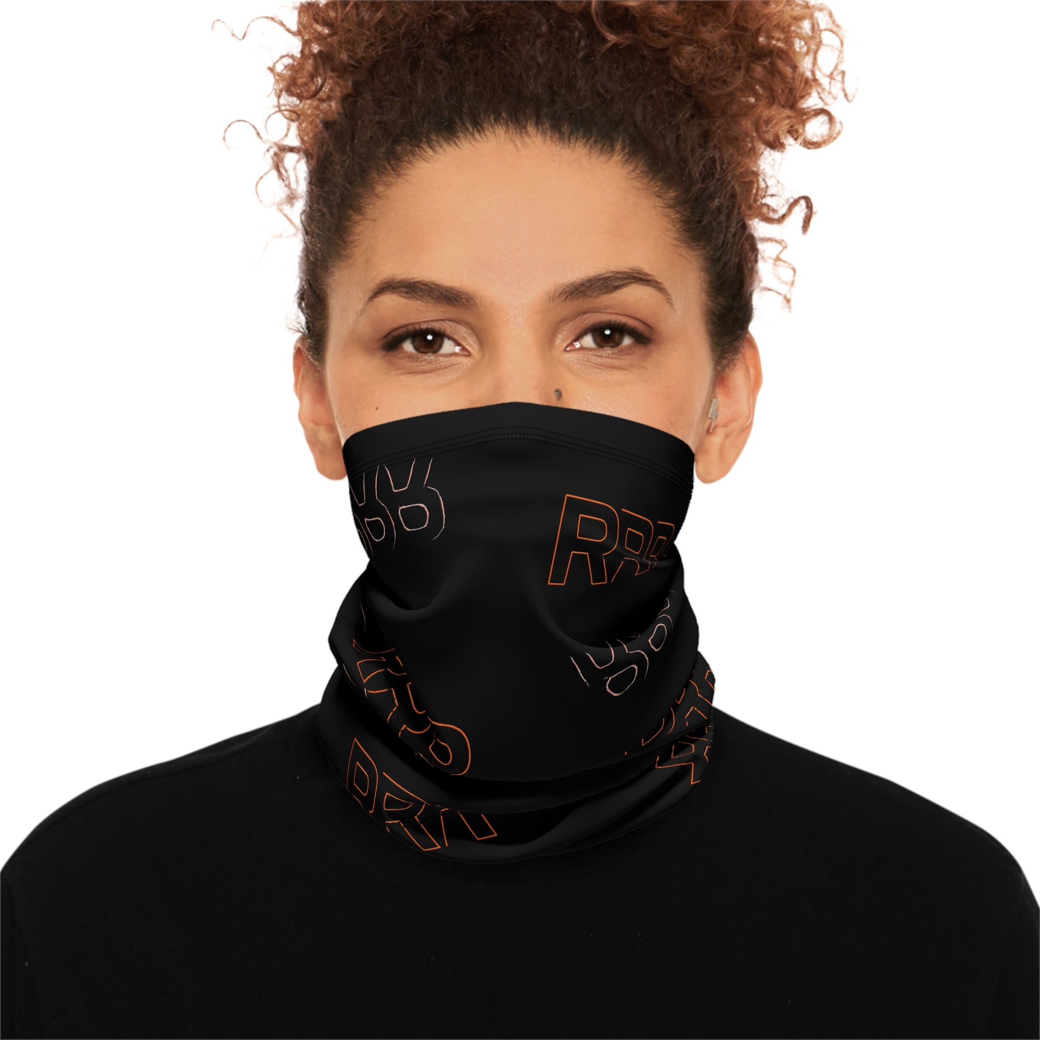 Black Winter Neck Gaiter with Drawstring — Repeating “RRR” Logo Cold-Weather Face Mask