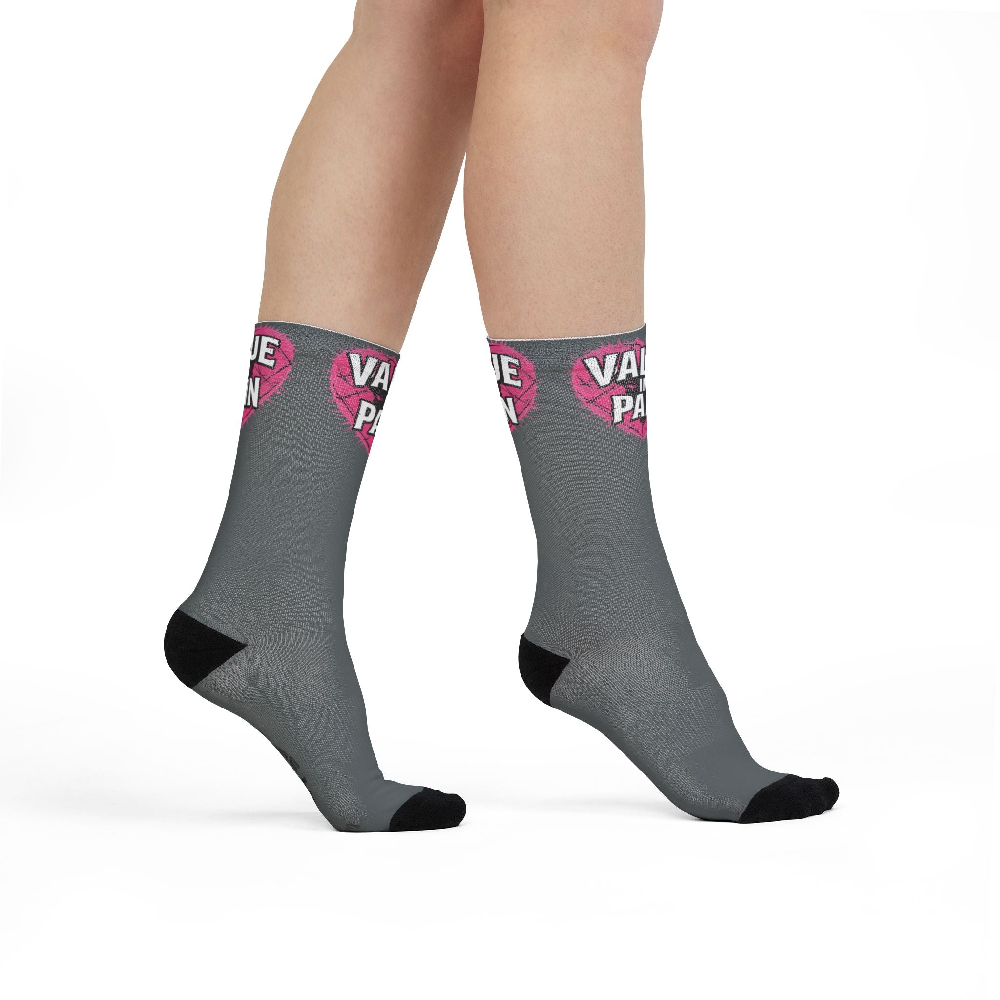 Value In Pain Crew Socks – Grey Sublimation Athletic Socks with Pink Heart Logo