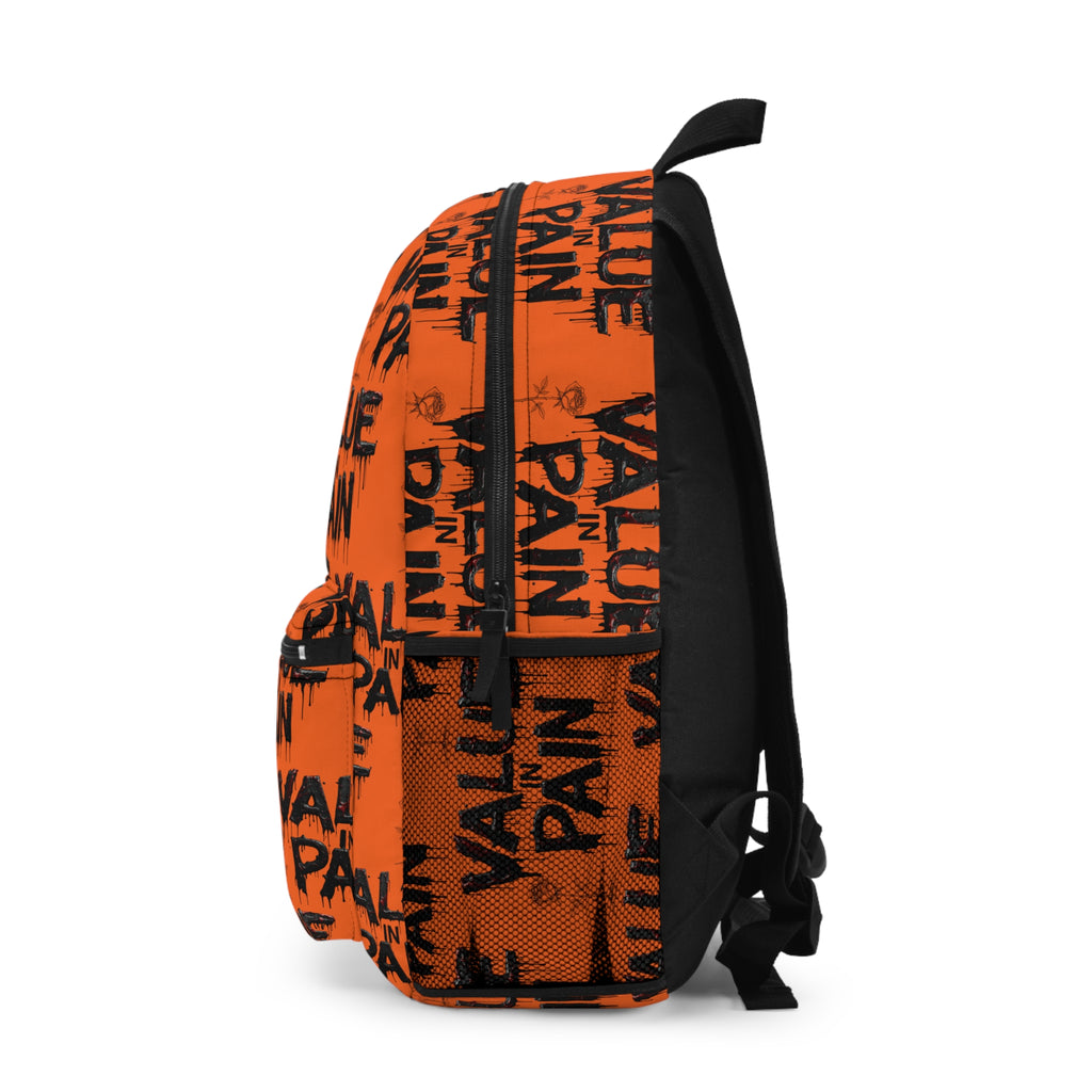 Backpack — Orange "Value in Pain" Graphic Backpack, Edgy Streetwear School Bag