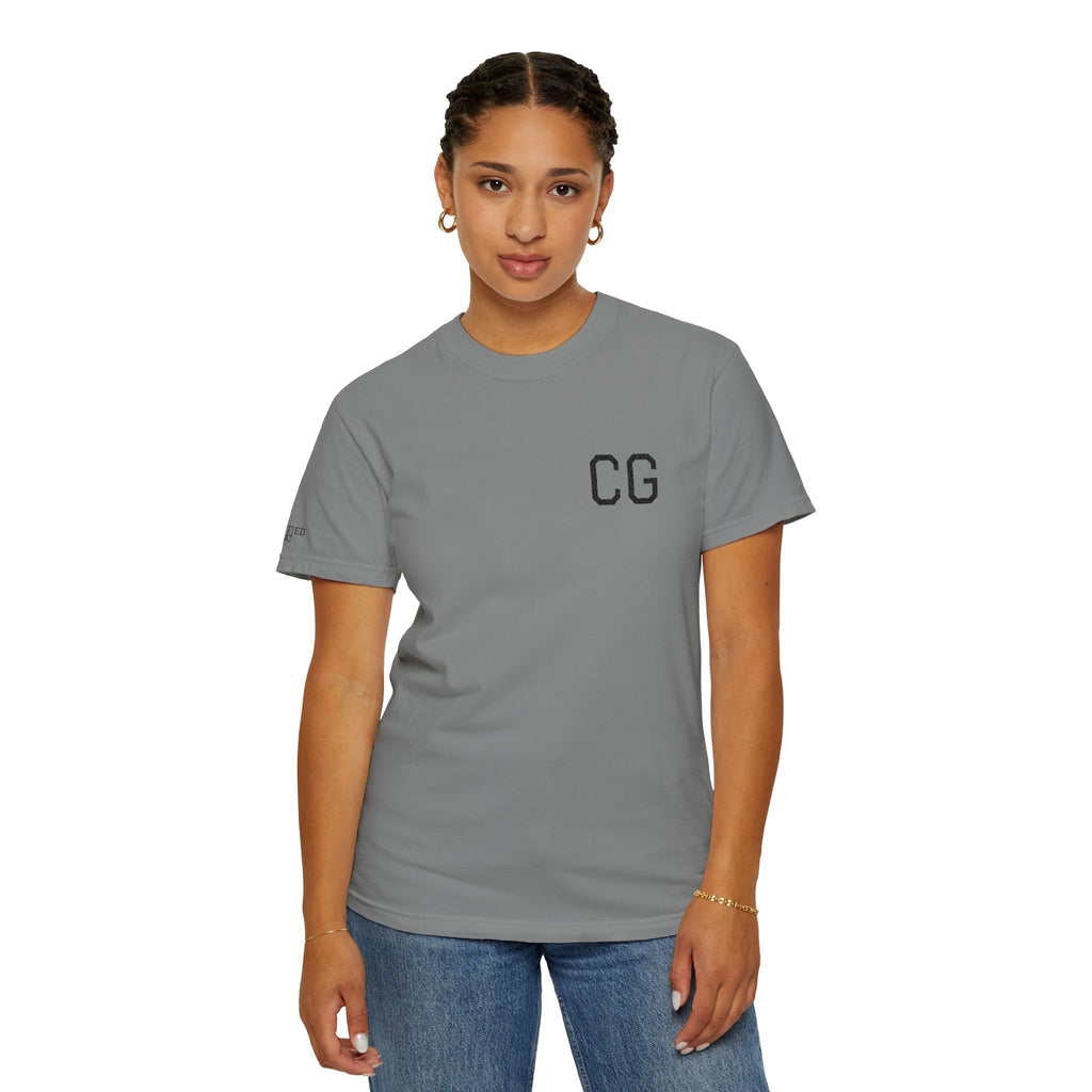 CG Chest Logo T‑Shirt — Minimalist White Tee with Sleeve Patch