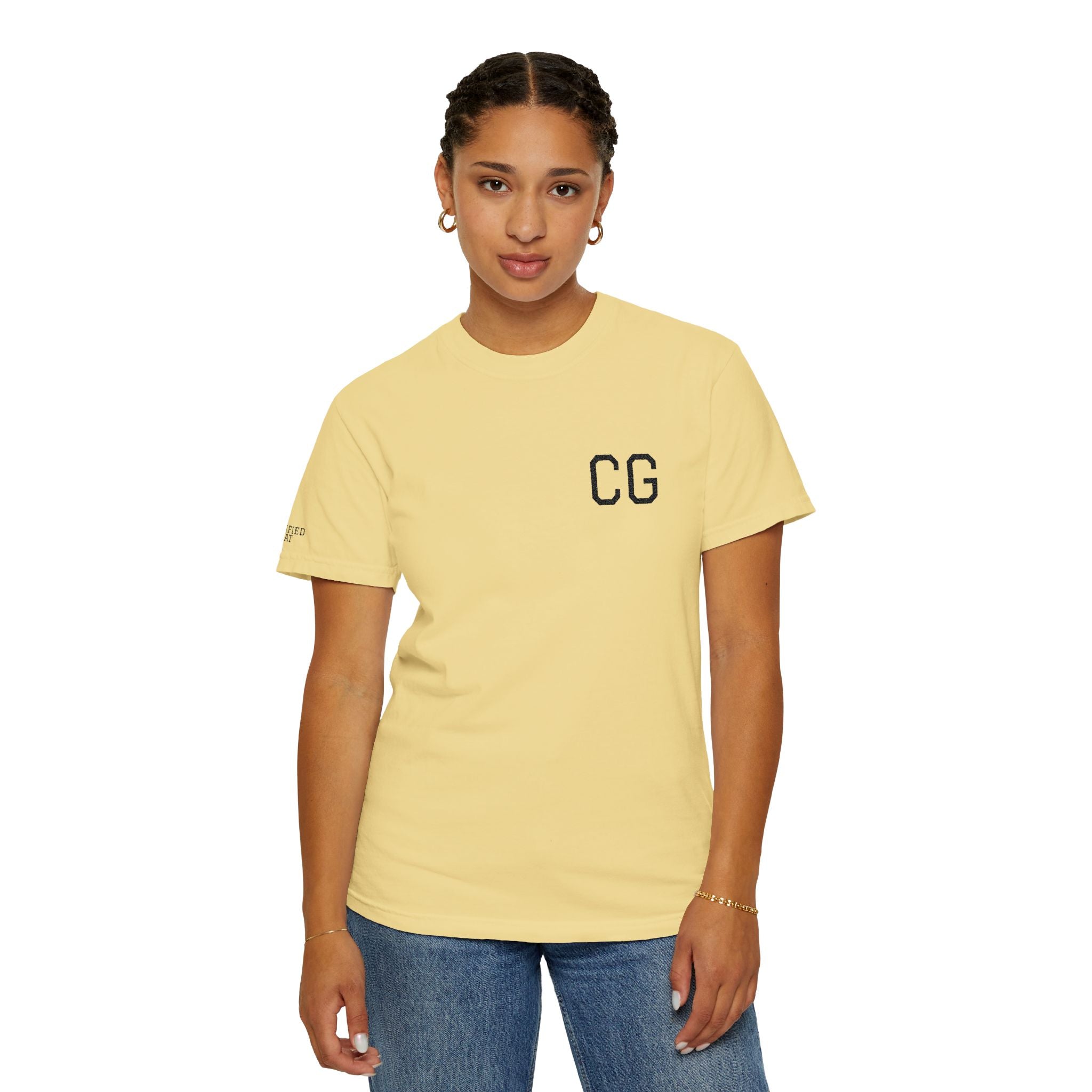 CG Chest Logo T‑Shirt — Minimalist White Tee with Sleeve Patch