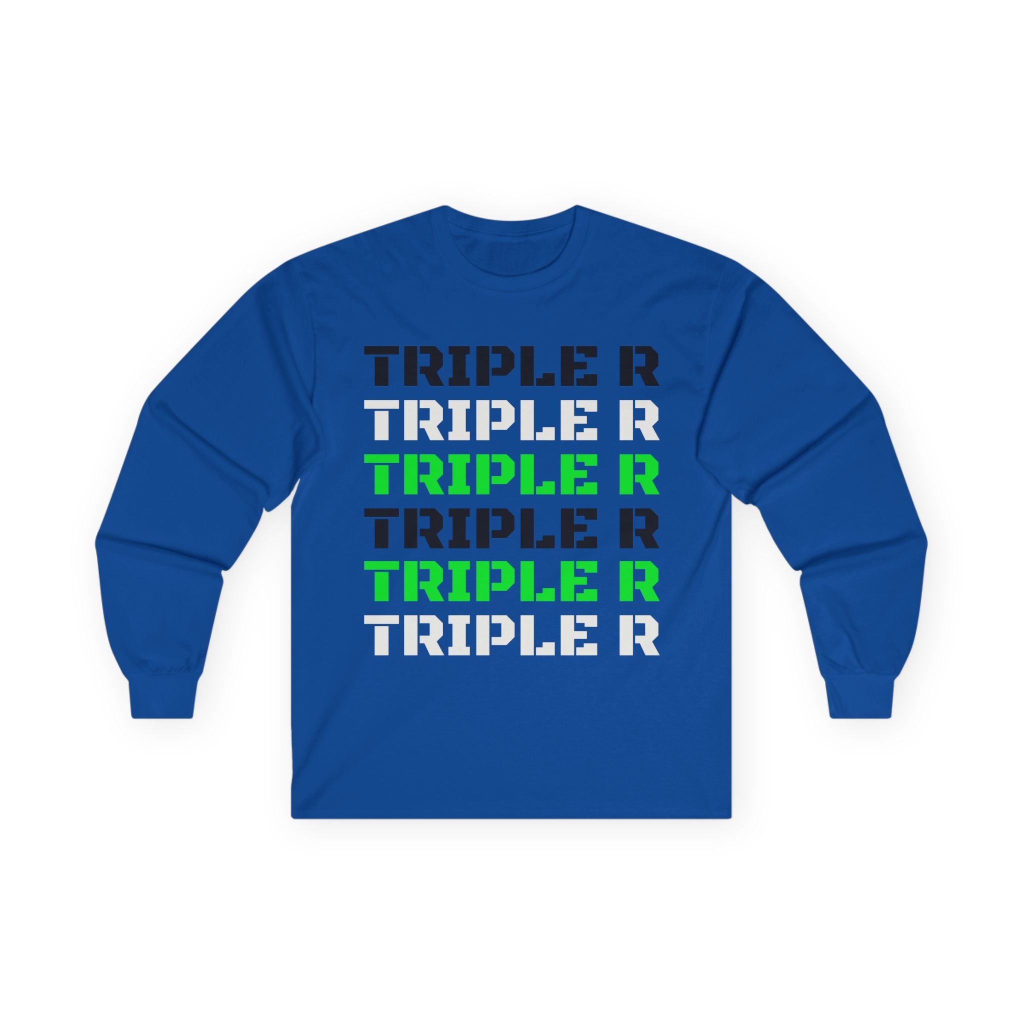 Triple R Repeated Graphic Long Sleeve Tee — Modern Tech Blue Typography