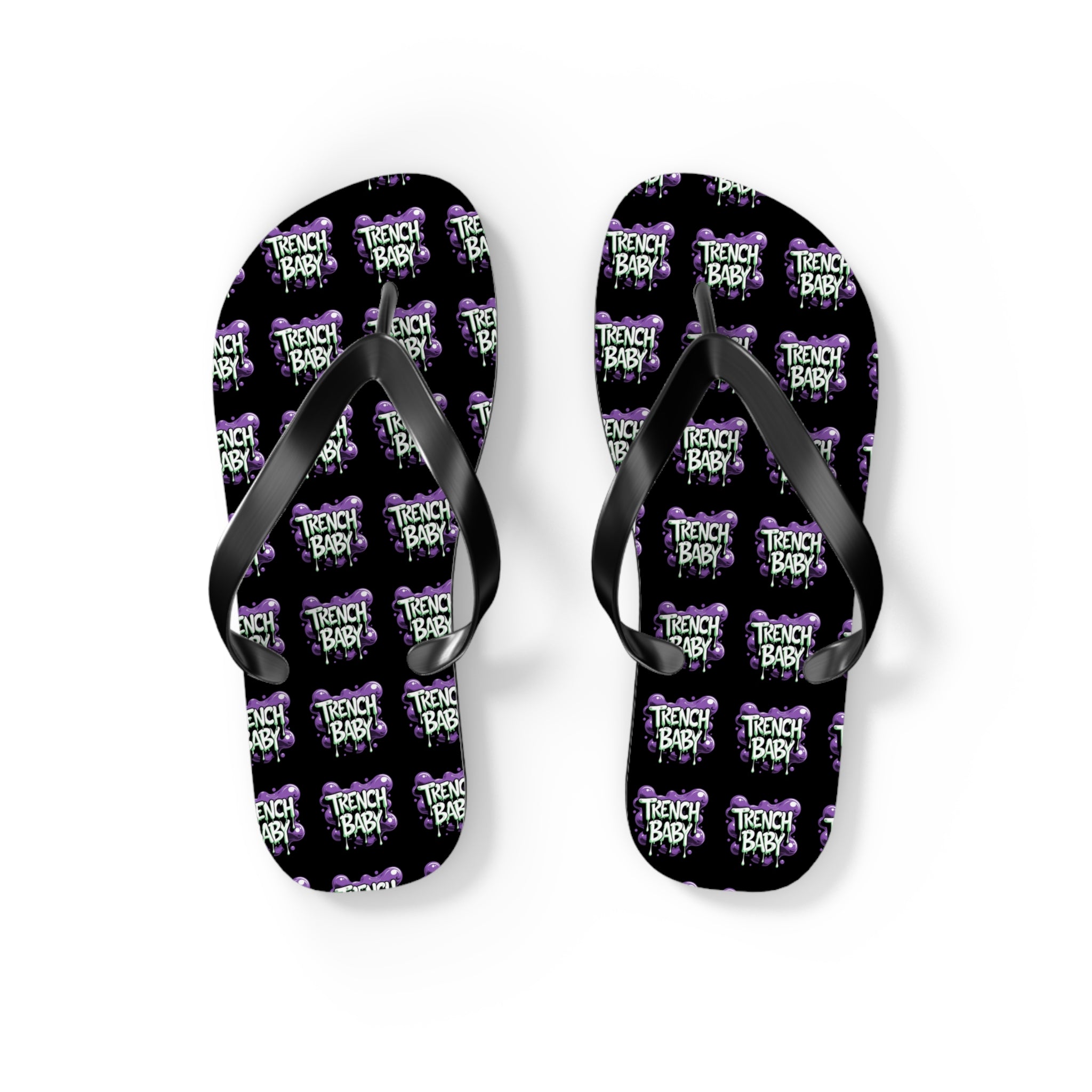 Flip Flops — 'Trench Baby' Patterned Beach Sandals (Black & Purple)