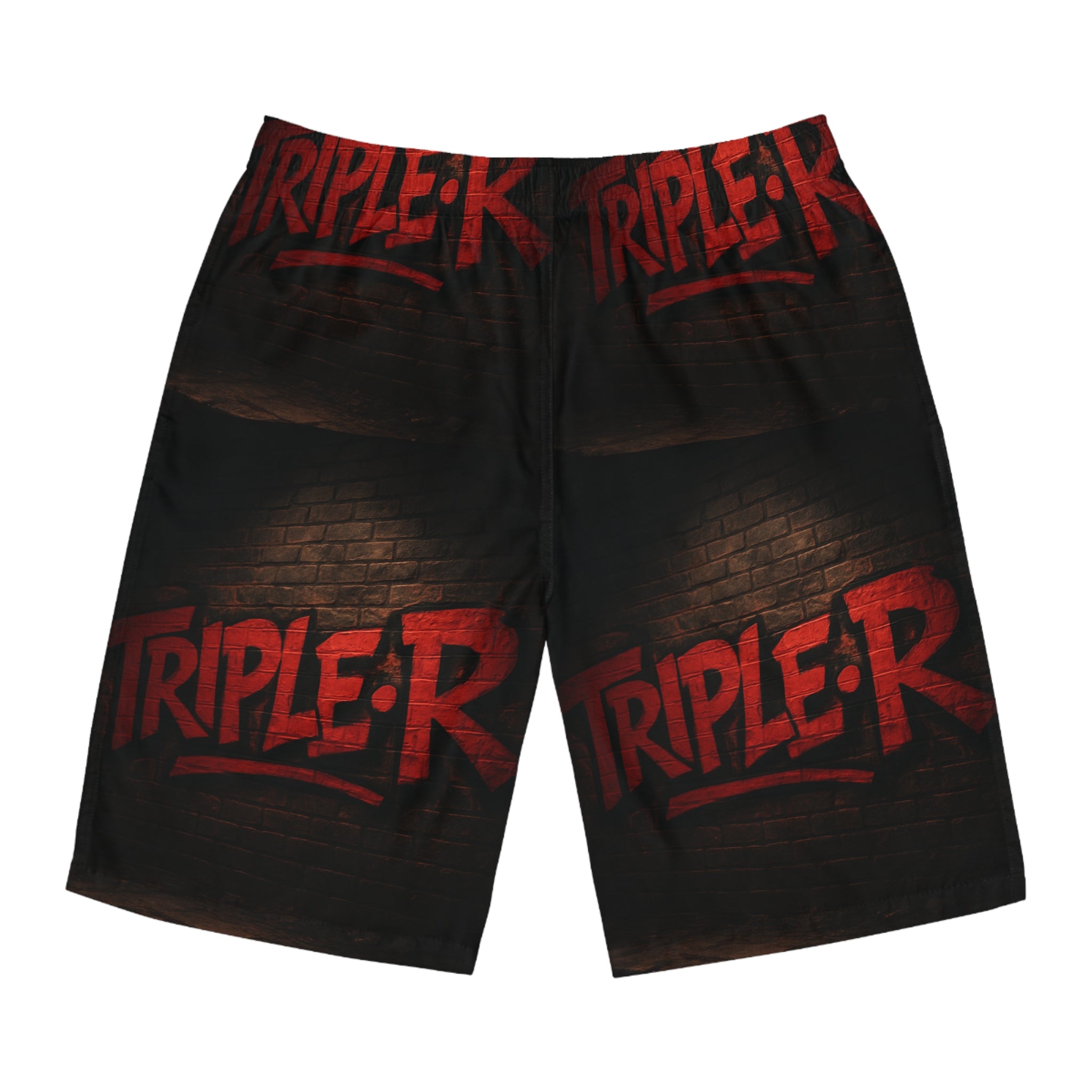 Board Shorts — 'TRIPLE R' Red Graffiti Swim Trunks