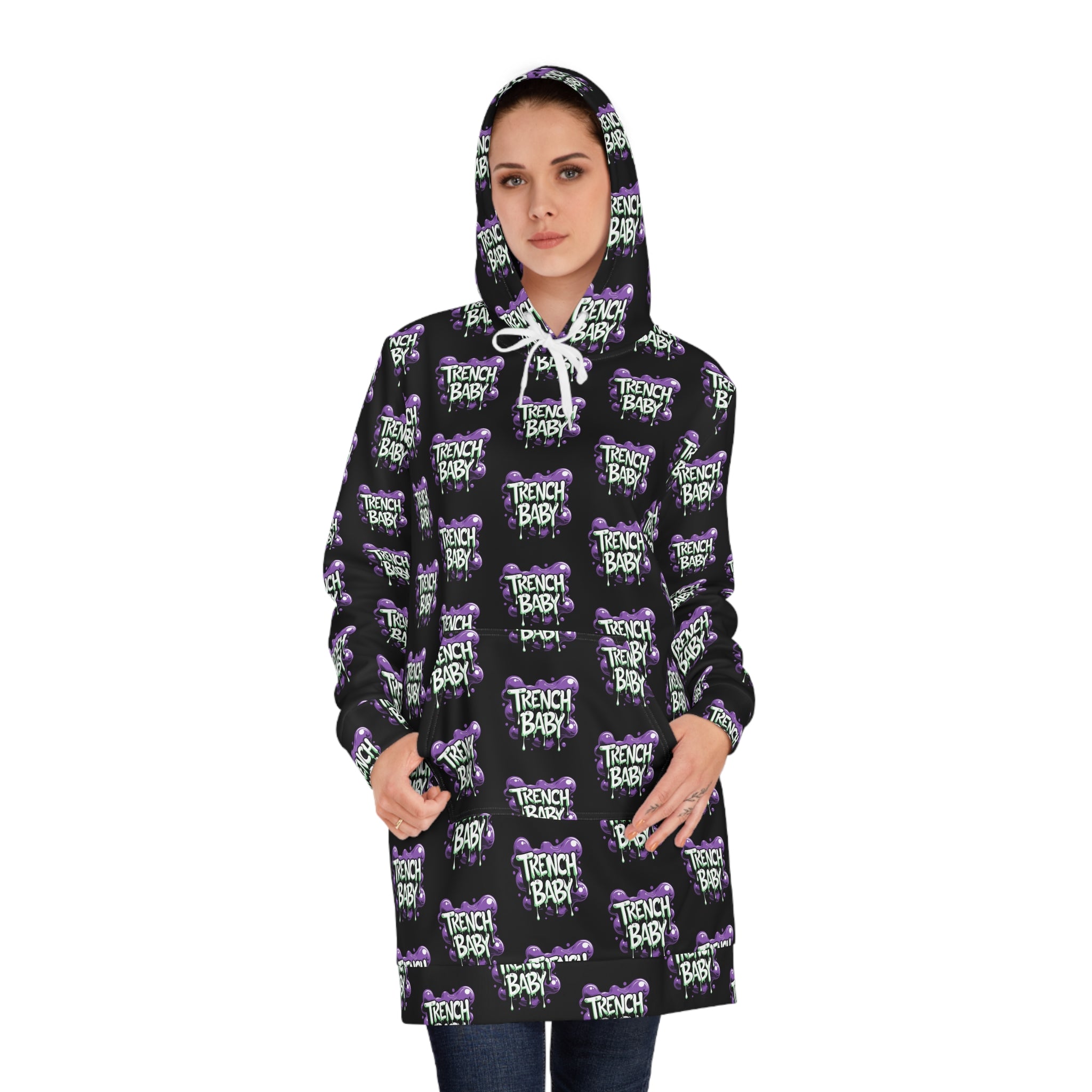 Hoodie Dress — "French Baby" All-Over Print Gothic Purple Graphic