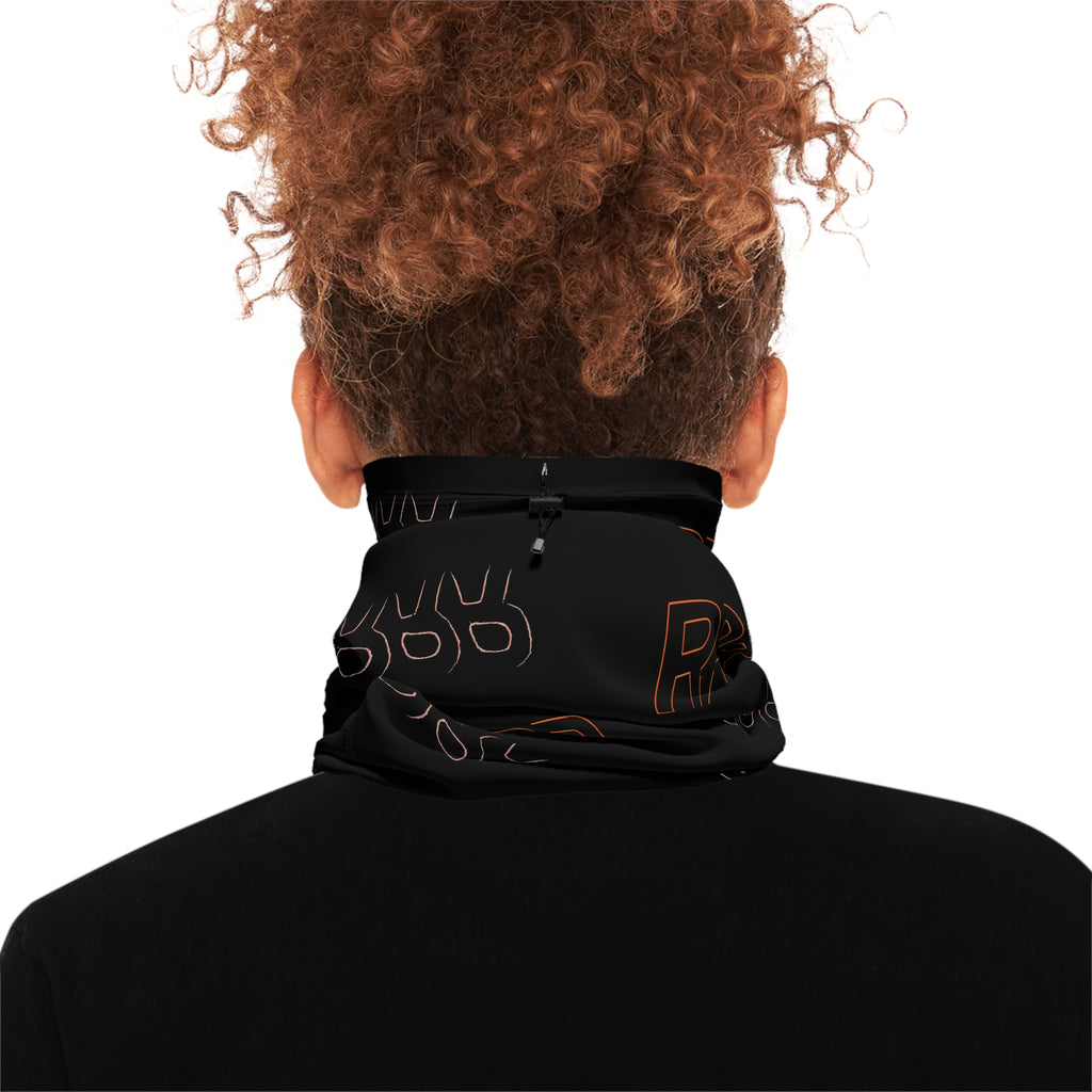 Black Winter Neck Gaiter with Drawstring — Repeating “RRR” Logo Cold-Weather Face Mask