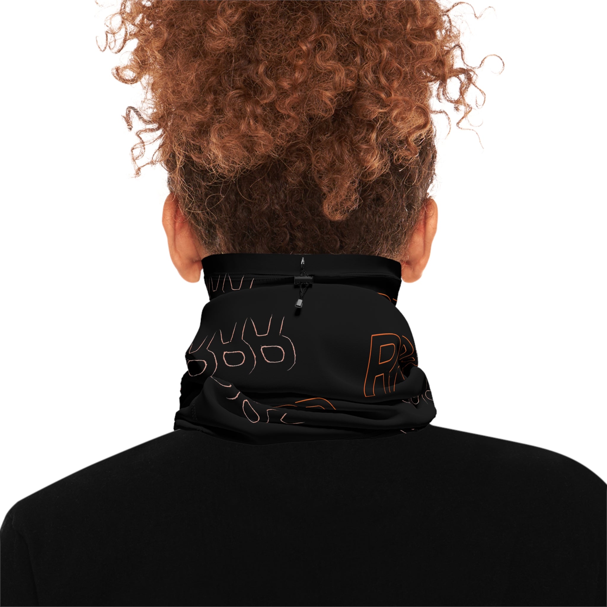 Black Winter Neck Gaiter with Drawstring — Repeating “RRR” Logo Cold-Weather Face Mask