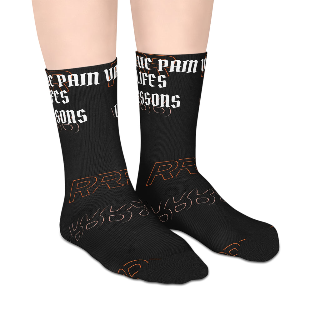 Black Mid-Length Socks with Gothic "Pain Valu[s?] Less" Text – Edgy Streetwear Crew Socks