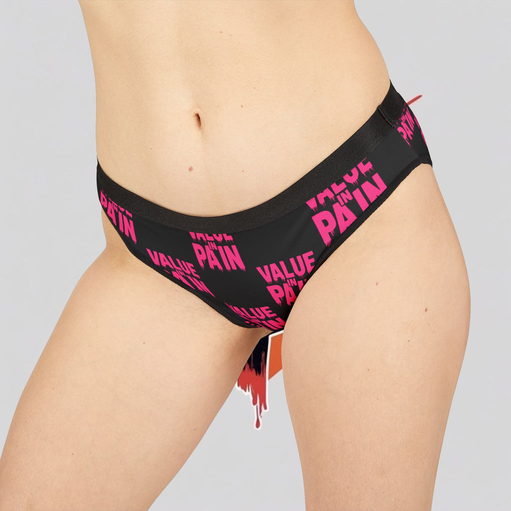 Value Pain Women's Bikini Briefs — Black & Pink Repeating Text Pattern