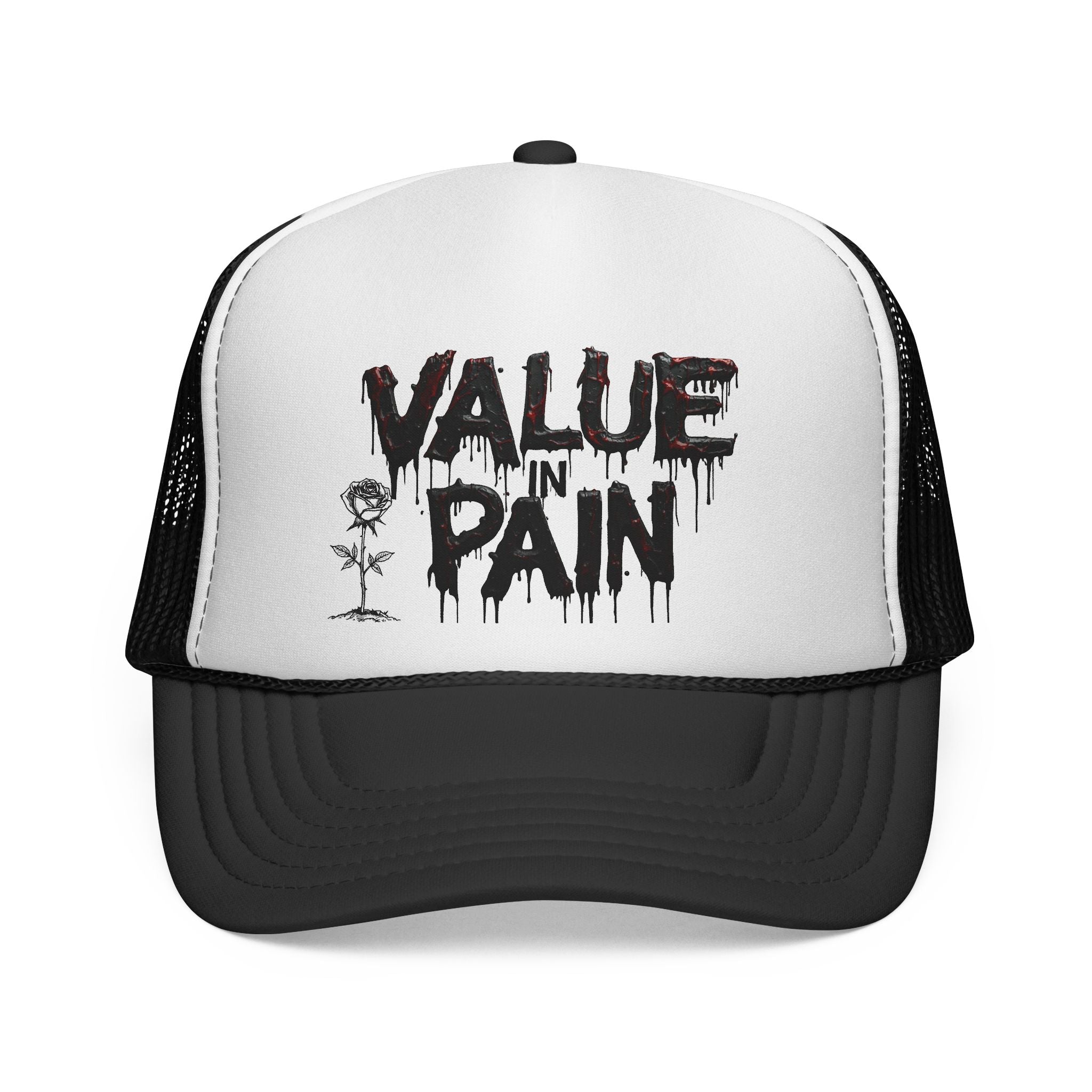 Value in Pain Trucker Cap — Gothic Grunge Mesh Hat with Dripping Text & Rose
