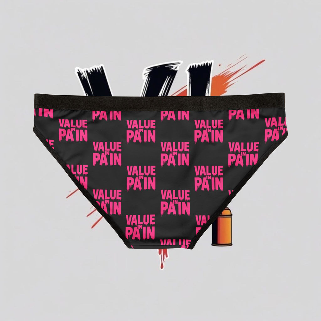 Value Pain Women's Bikini Briefs — Black & Pink Repeating Text Pattern