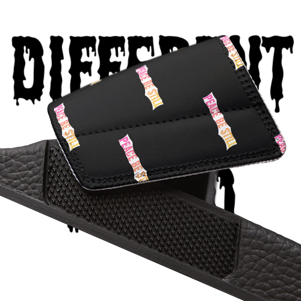 Slide Sandals — Black Printed "Peace & Shh" Straps, Removable‑Strap Pool Slides