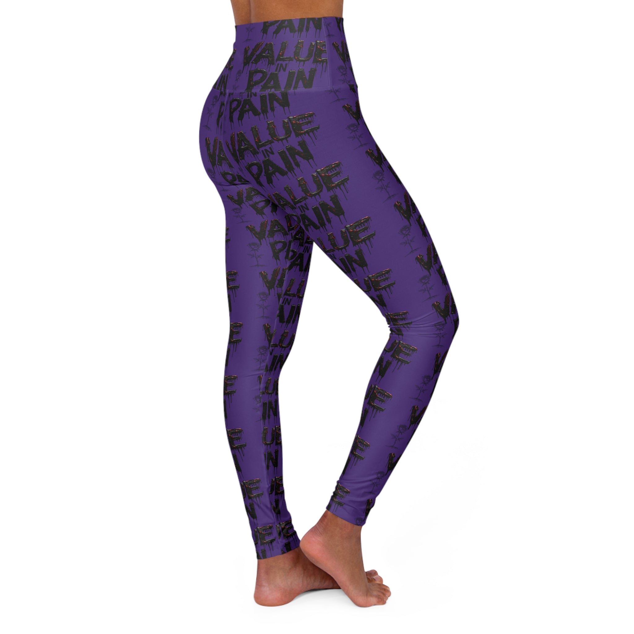 Value + Pain Purple High-Waist Yoga Leggings – Motivational All-Over Print