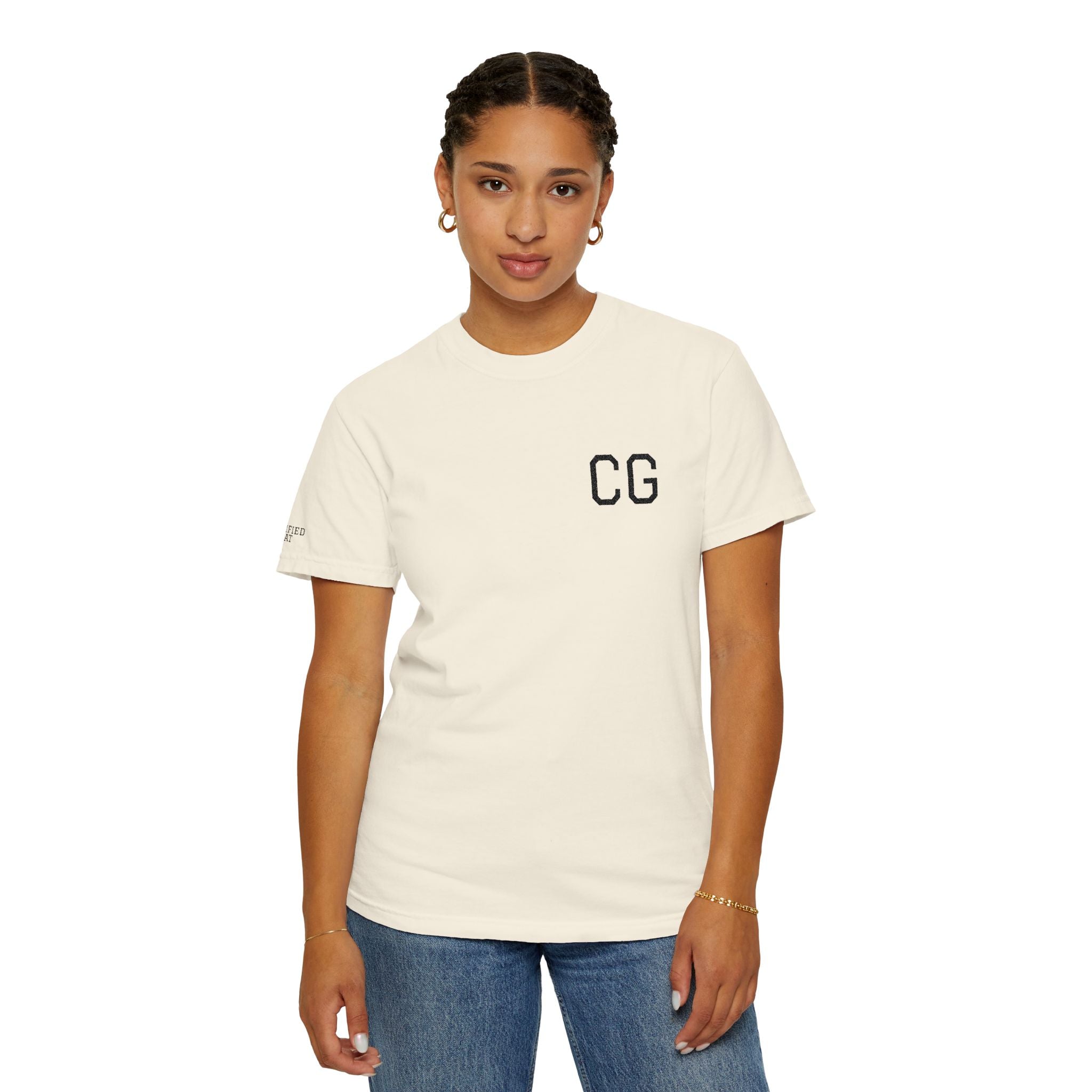 CG Chest Logo T‑Shirt — Minimalist White Tee with Sleeve Patch