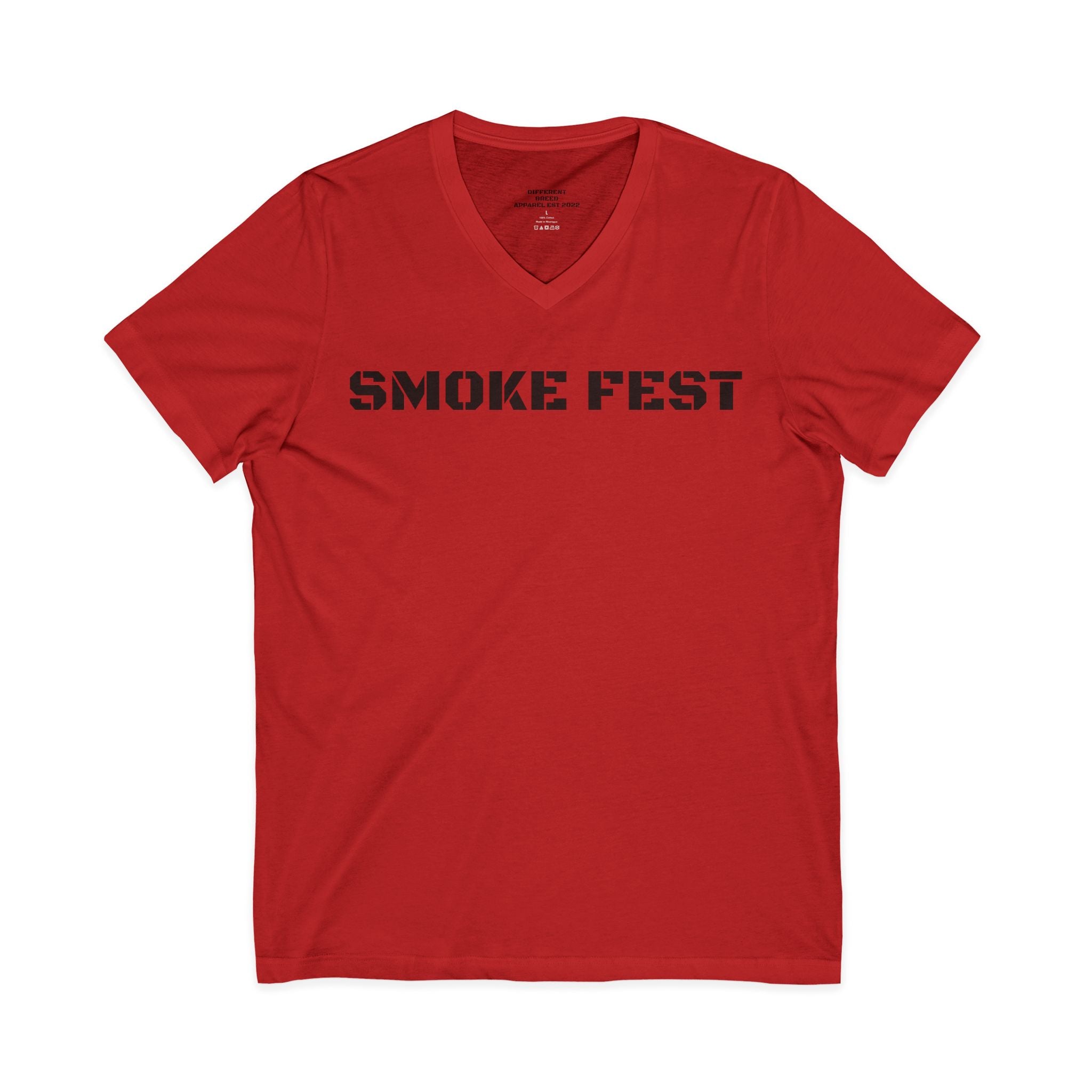 Smoke Fest V-Neck Tee — Bold Stencil Text T-Shirt for BBQ & Festival Fans