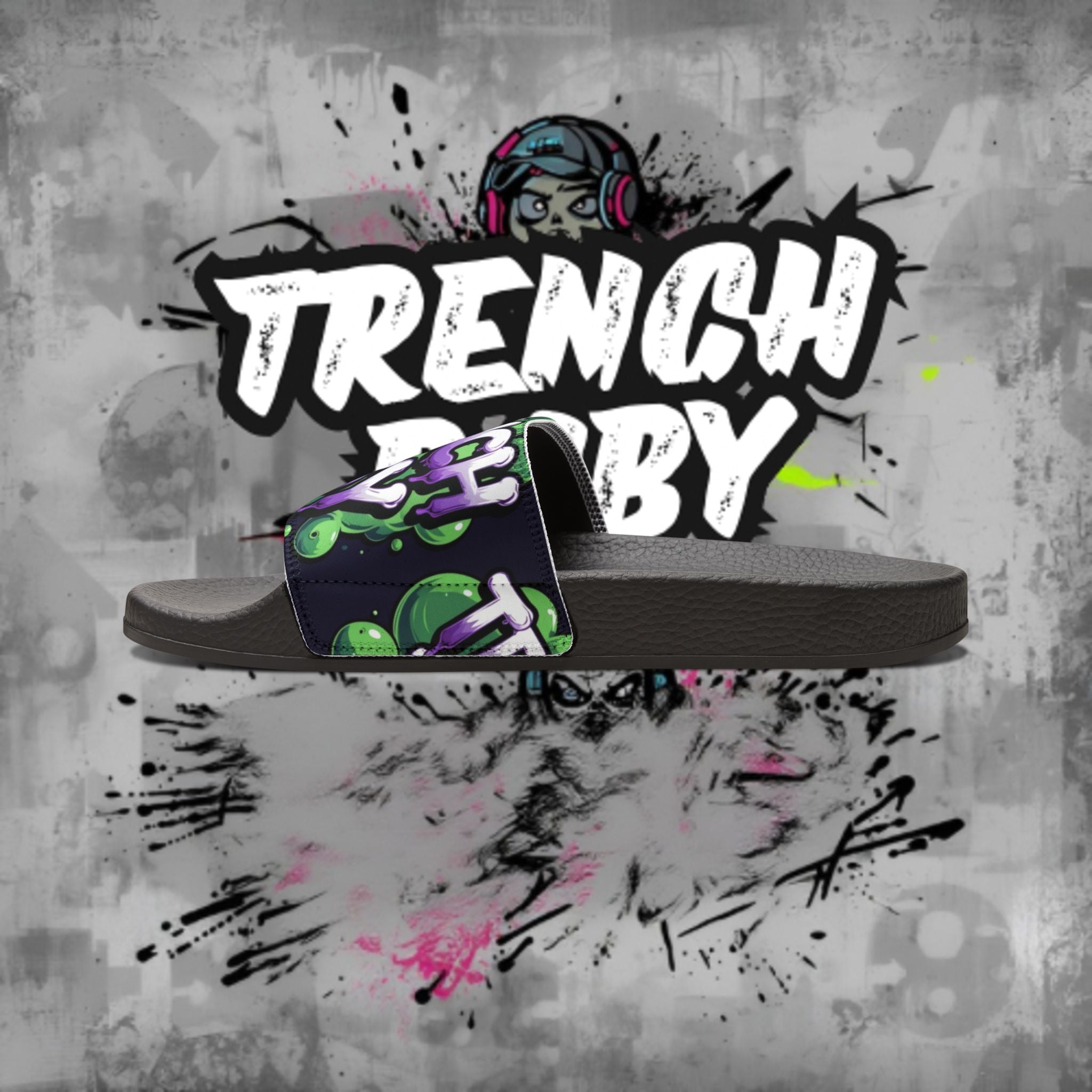 Slide Sandals — Green Alien Graphic Removable-Strap Slides