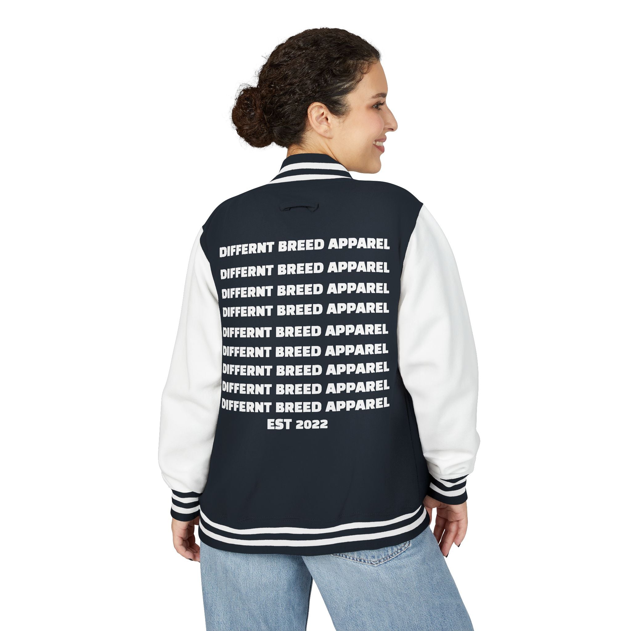 Letterman Jacket — Small Neon Portrait Patch & Repeated 'Different Breed Apparel' Back Print