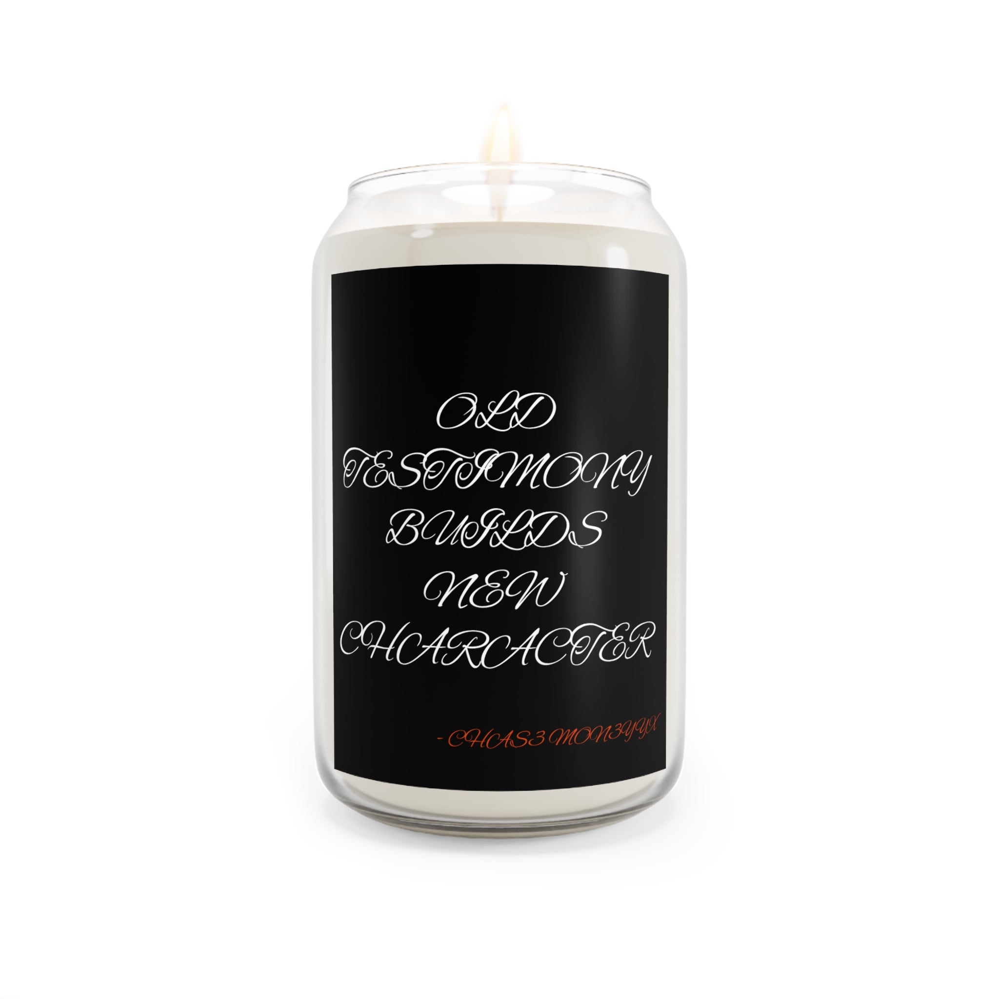 Scented Soy Candle (13.75 oz) — "Old Testimony Builds New Character" Decorative Jar