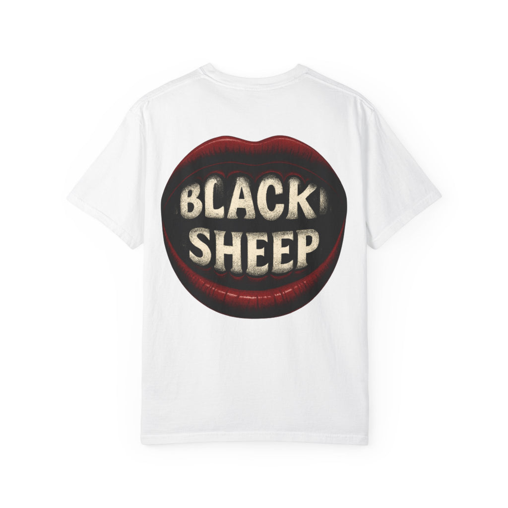 Black Sheep T-Shirt — Bold Back Lip Graphic & Front Text