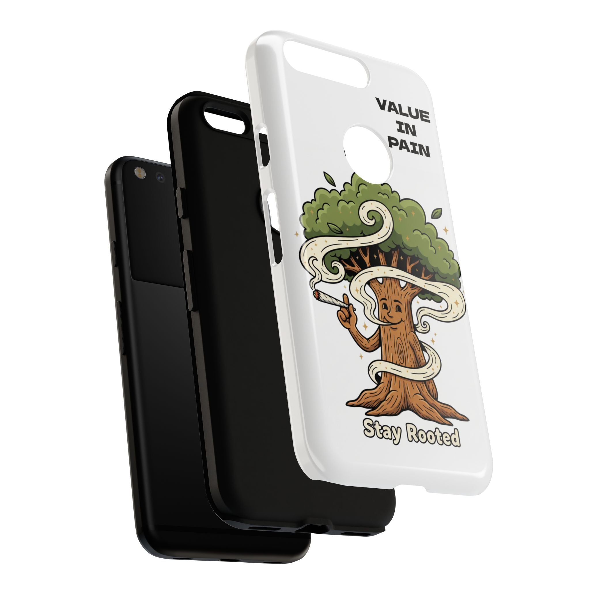 Phone Case — "Stay Rooted" Tree Design with "Value in Pain" Text