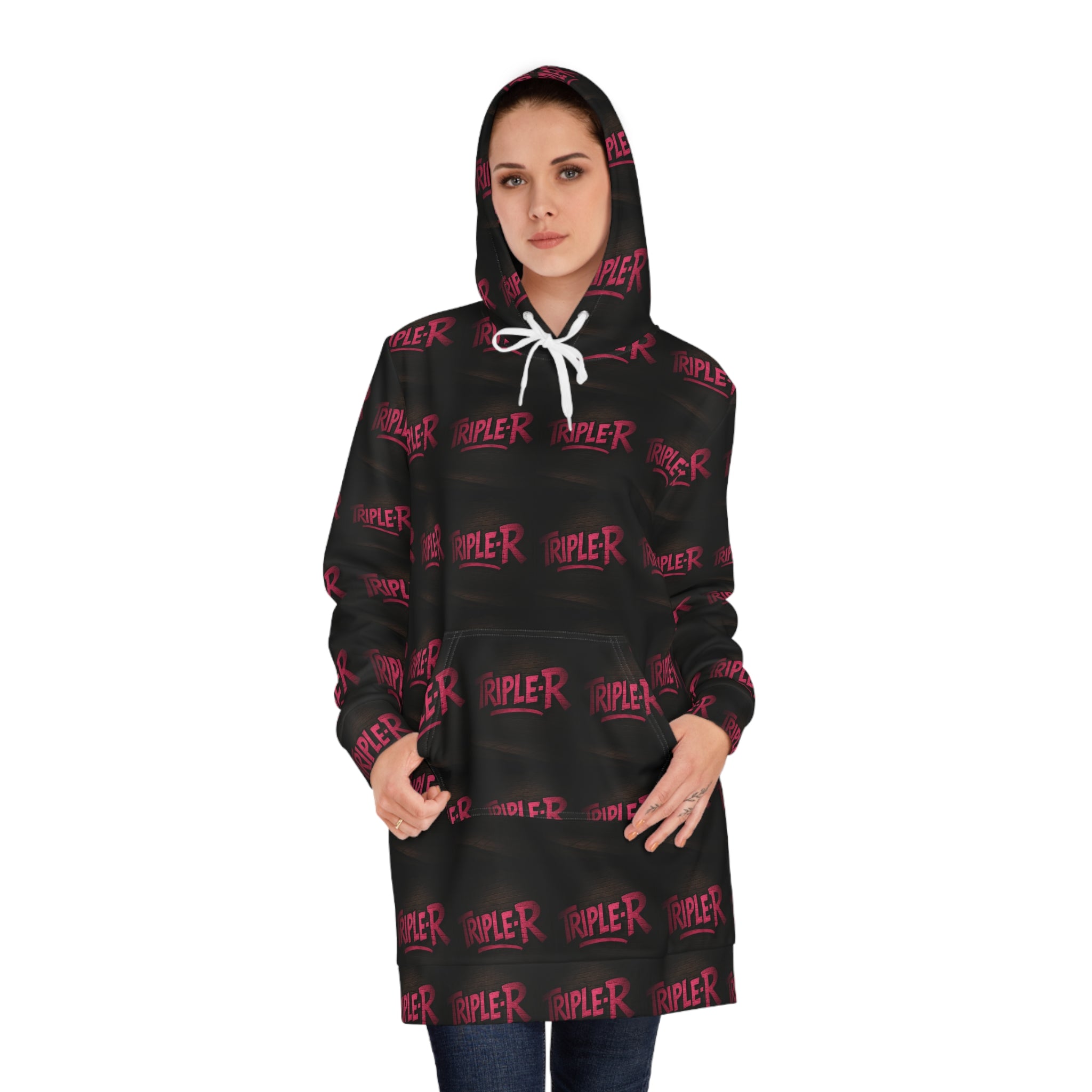 Hoodie Dress — Black All-Over 'Rippler' Logo Print