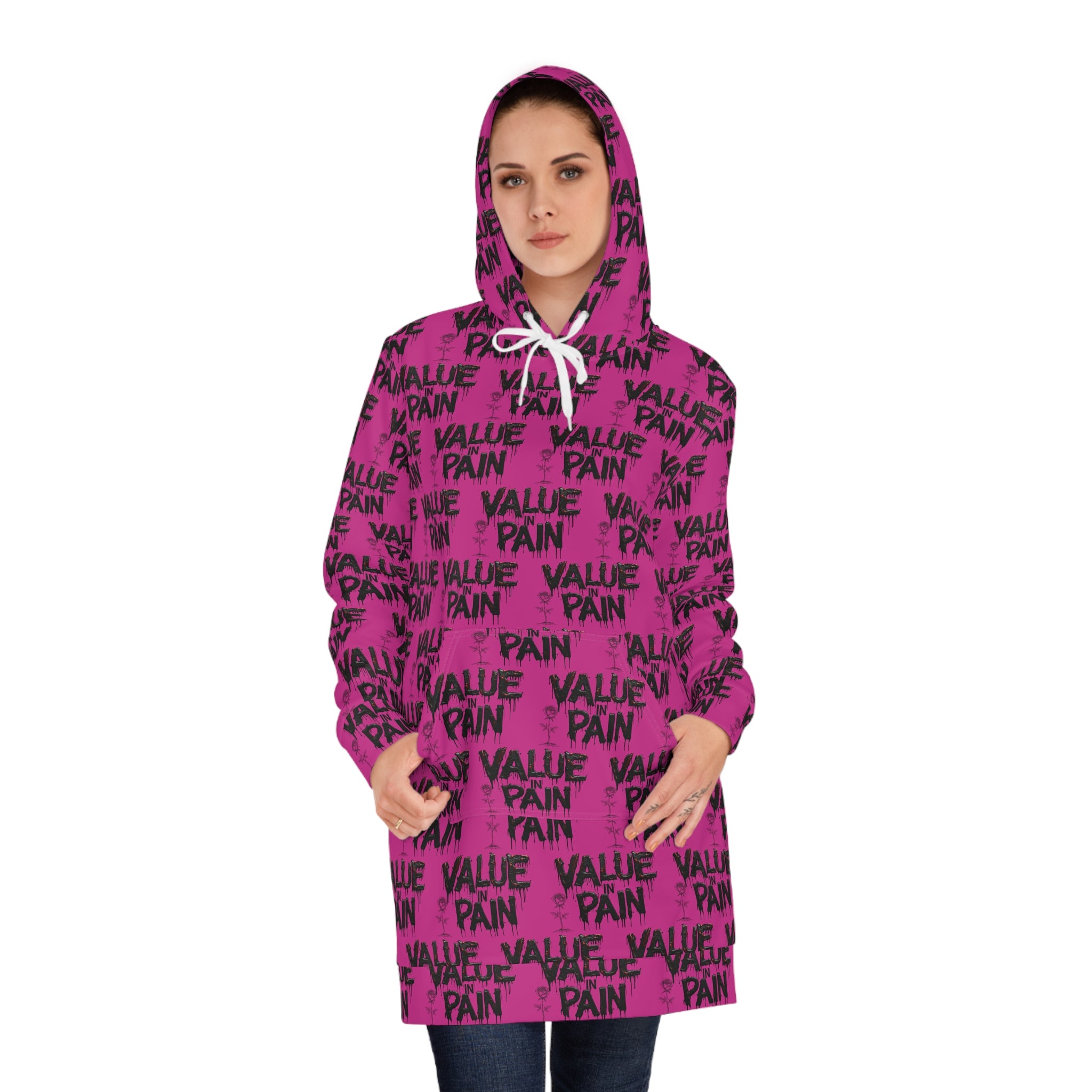 Hoodie Dress — "Value Pain" All-Over Print Women's Pullover