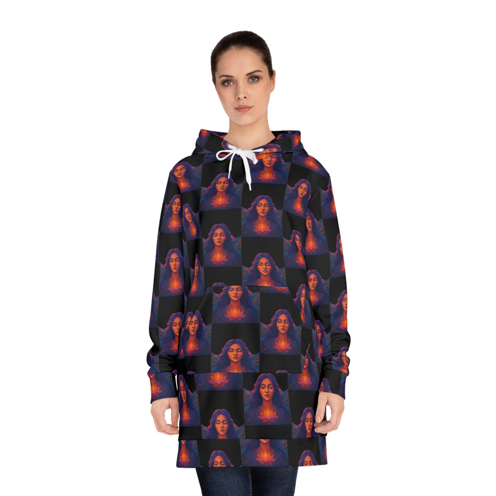 PEACE BE STILL Mystic Glow Women's Hoodie Dress — All-Over Print Spiritual Portrait