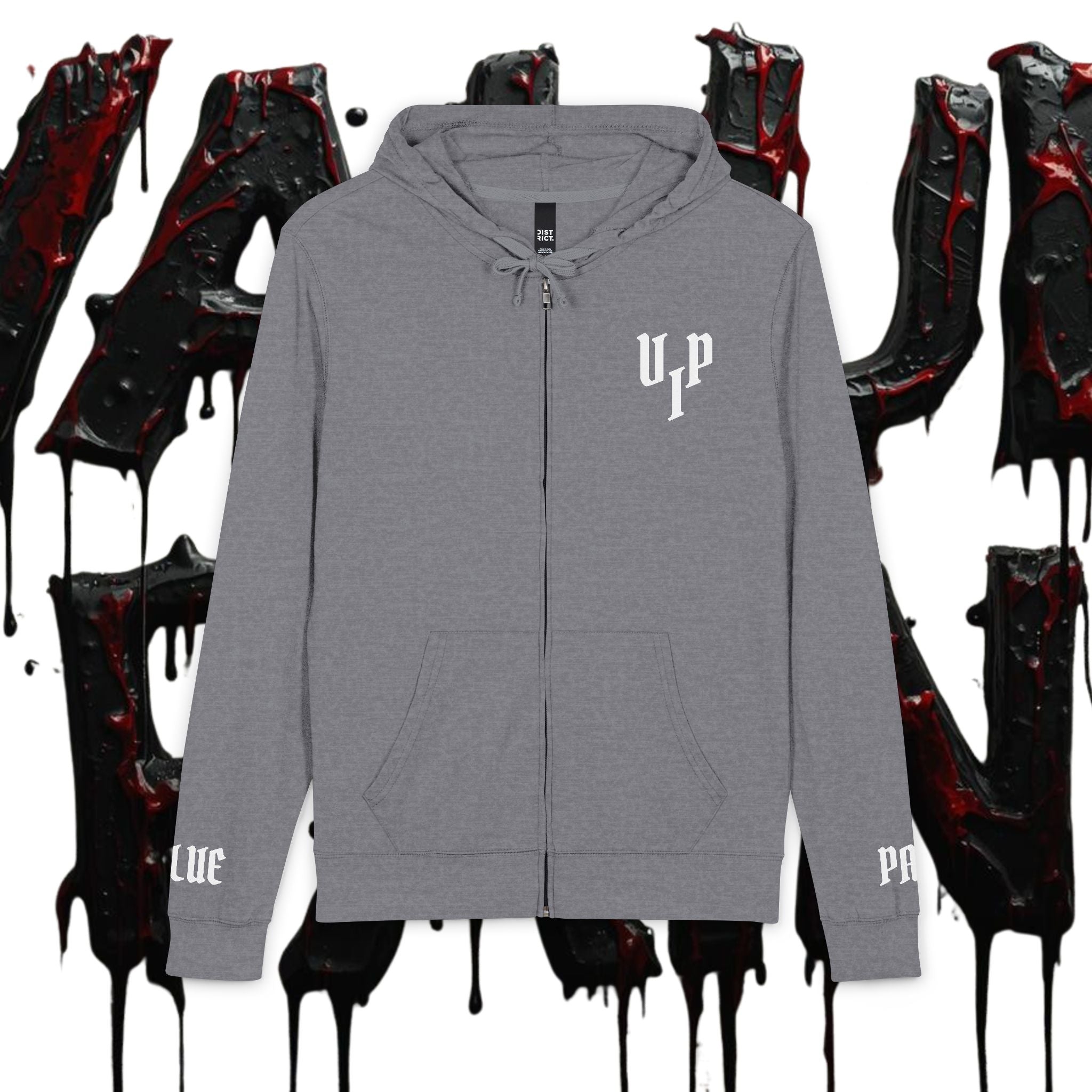 Gothic 'UP' Full-Zip Hoodie — Black Drip Streetwear with Sleeve Lettering
