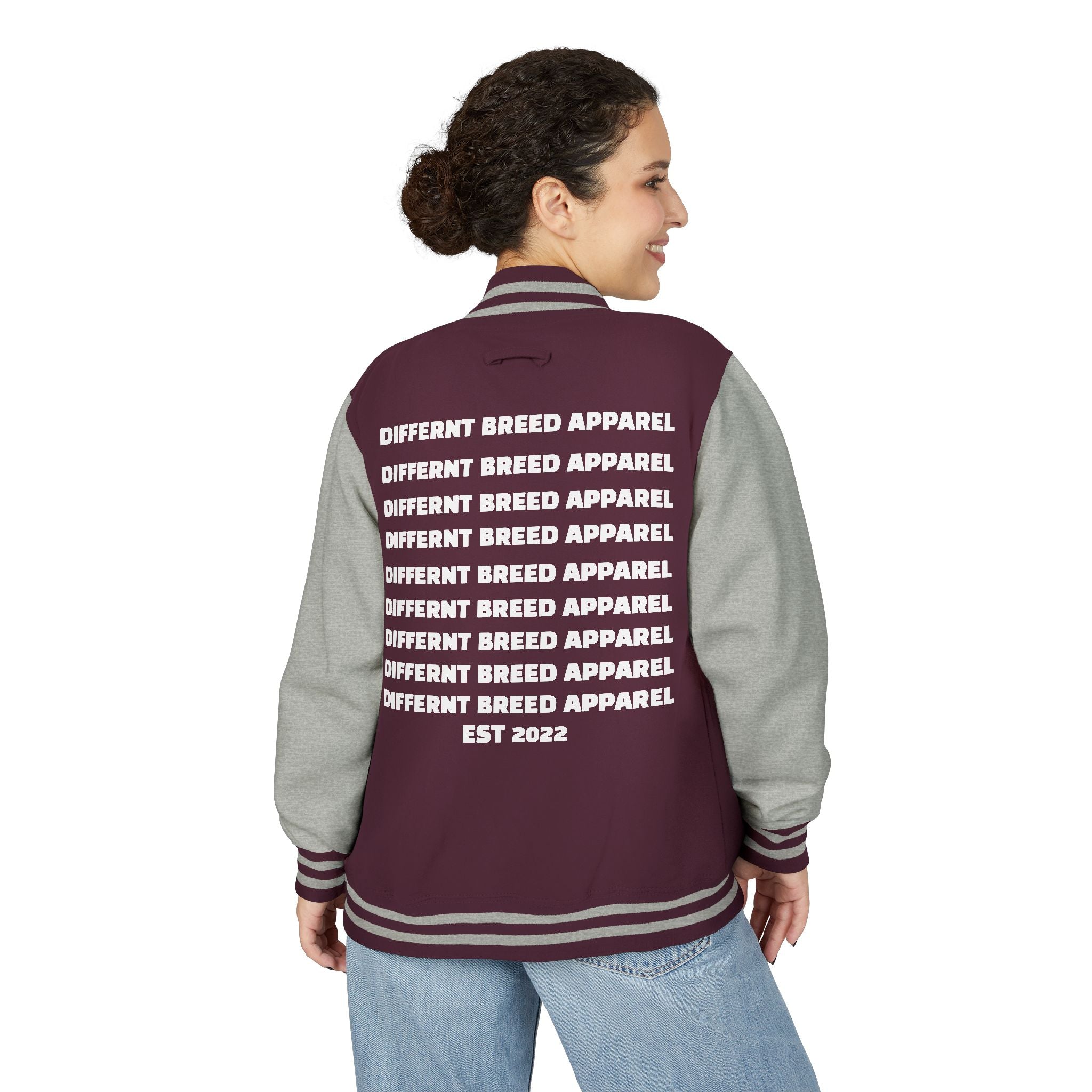 Letterman Jacket — Small Neon Portrait Patch & Repeated 'Different Breed Apparel' Back Print