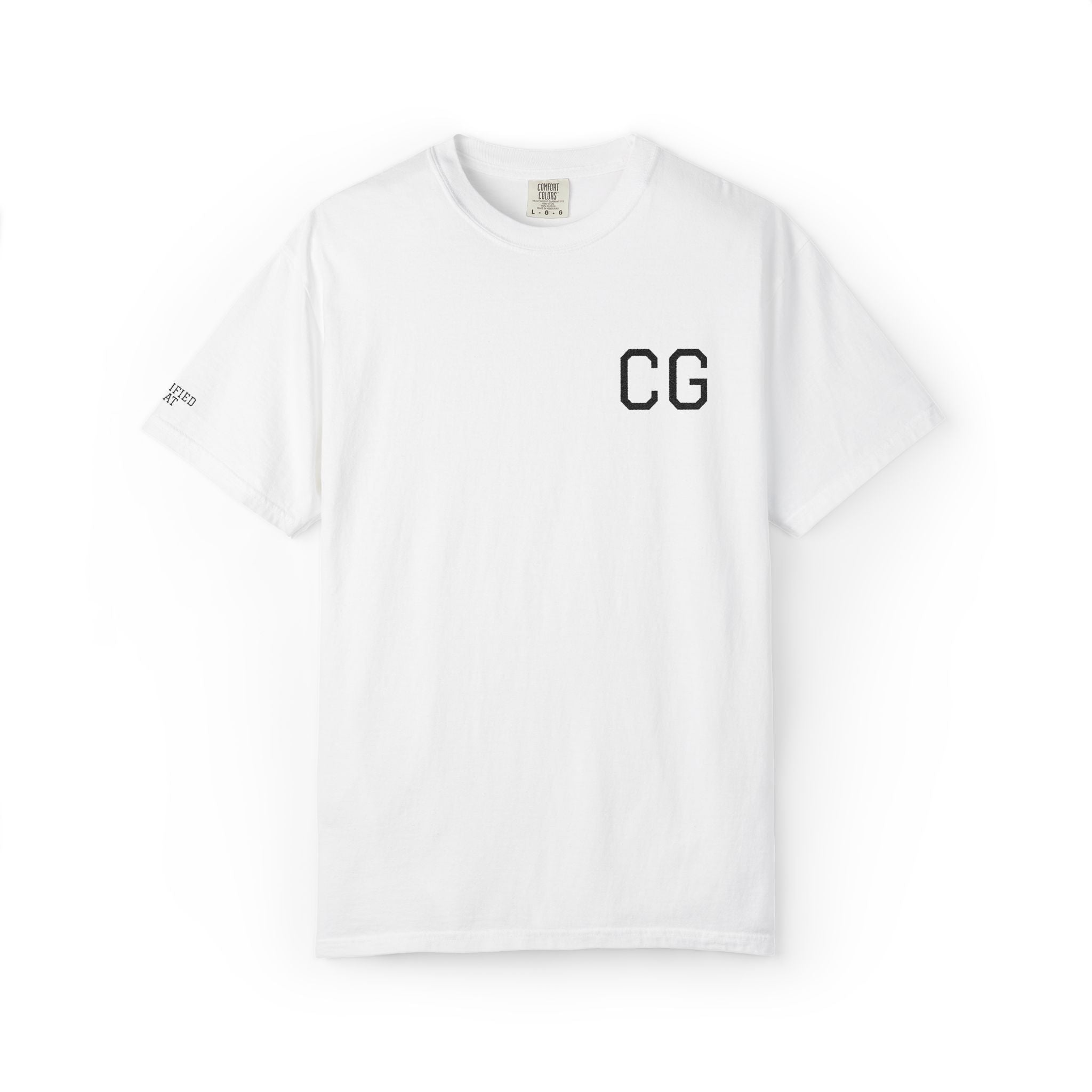 CG Chest Logo T‑Shirt — Minimalist White Tee with Sleeve Patch