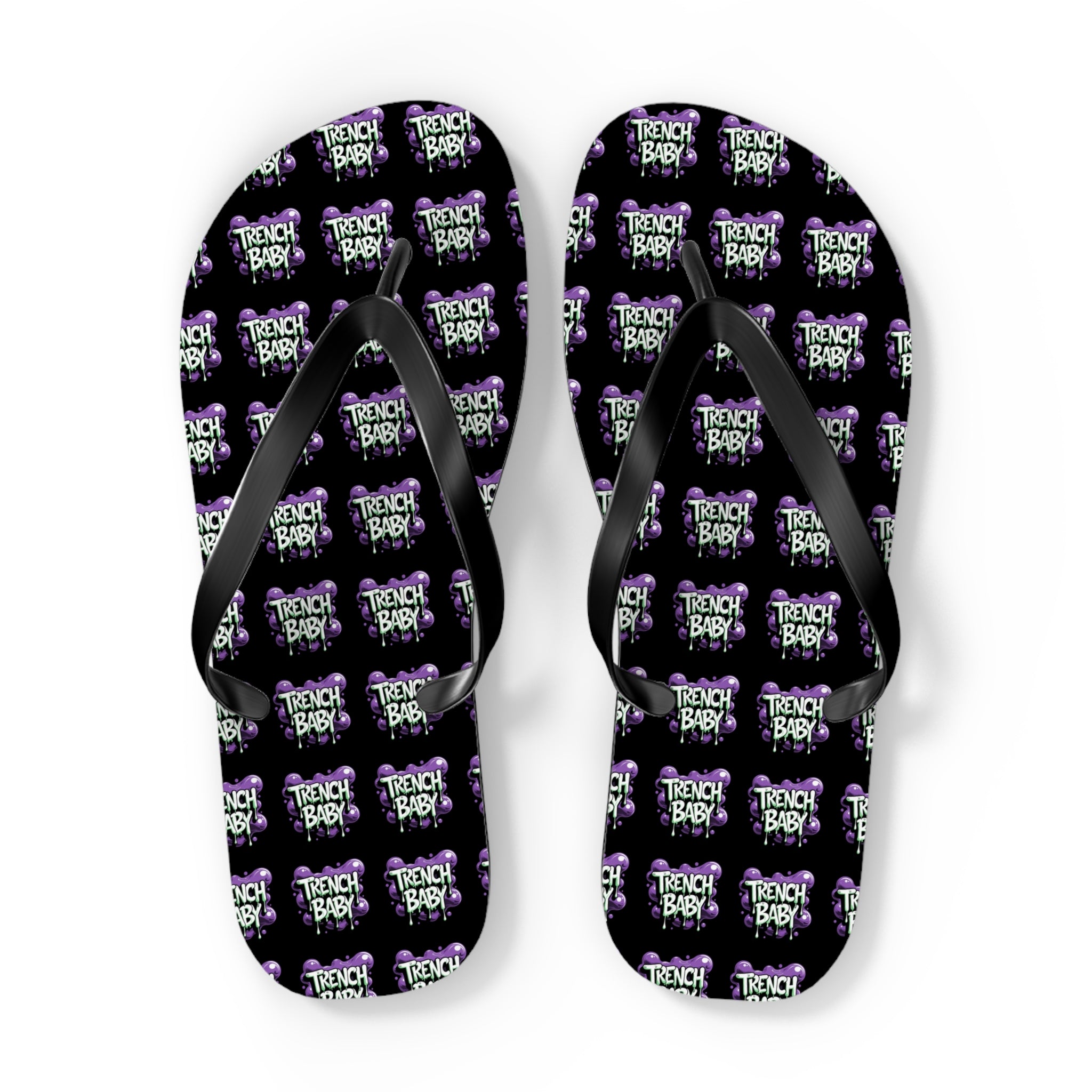Flip Flops — 'Trench Baby' Patterned Beach Sandals (Black & Purple)
