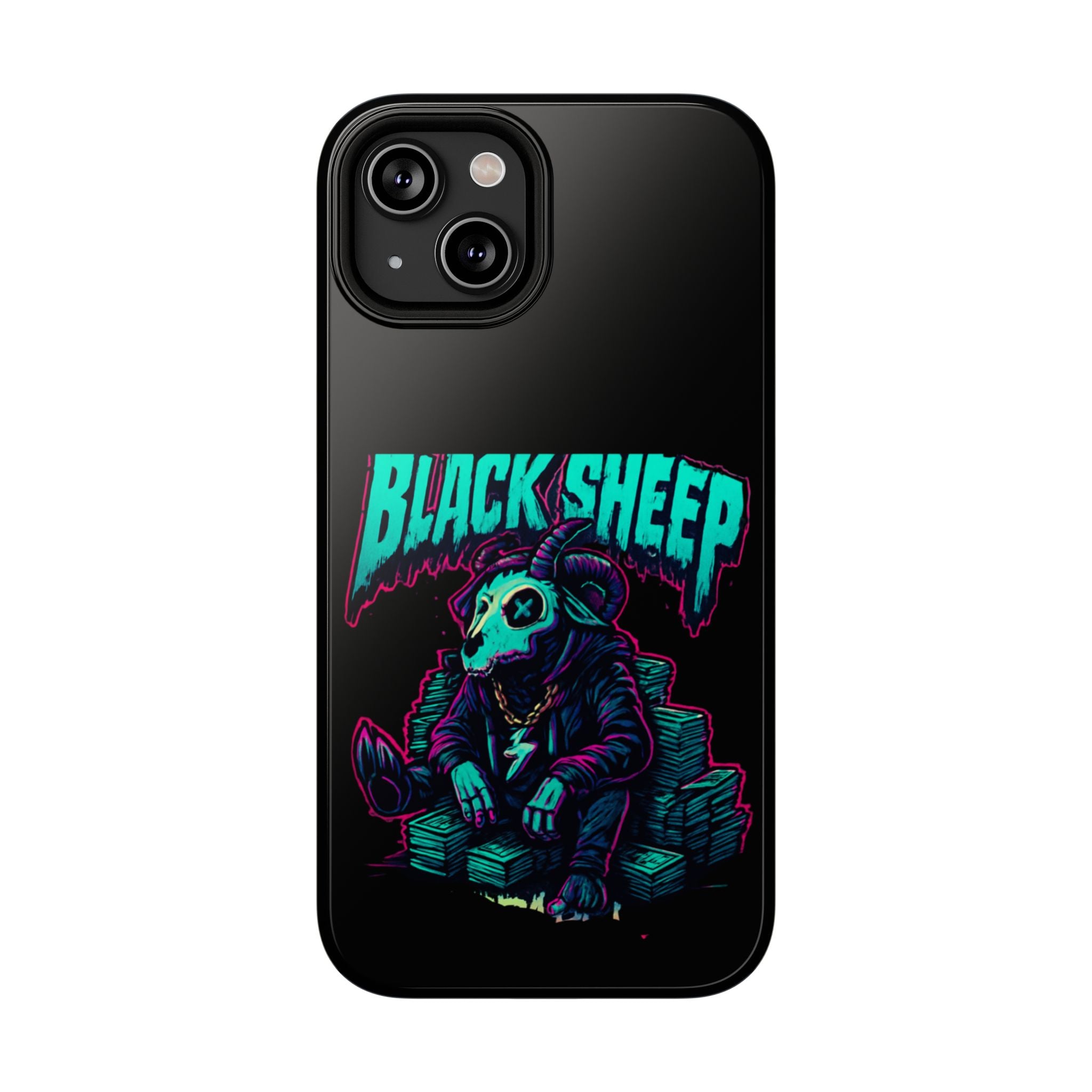Impact-Resistant Phone Case — “Black Sheep” Neon Skull Design