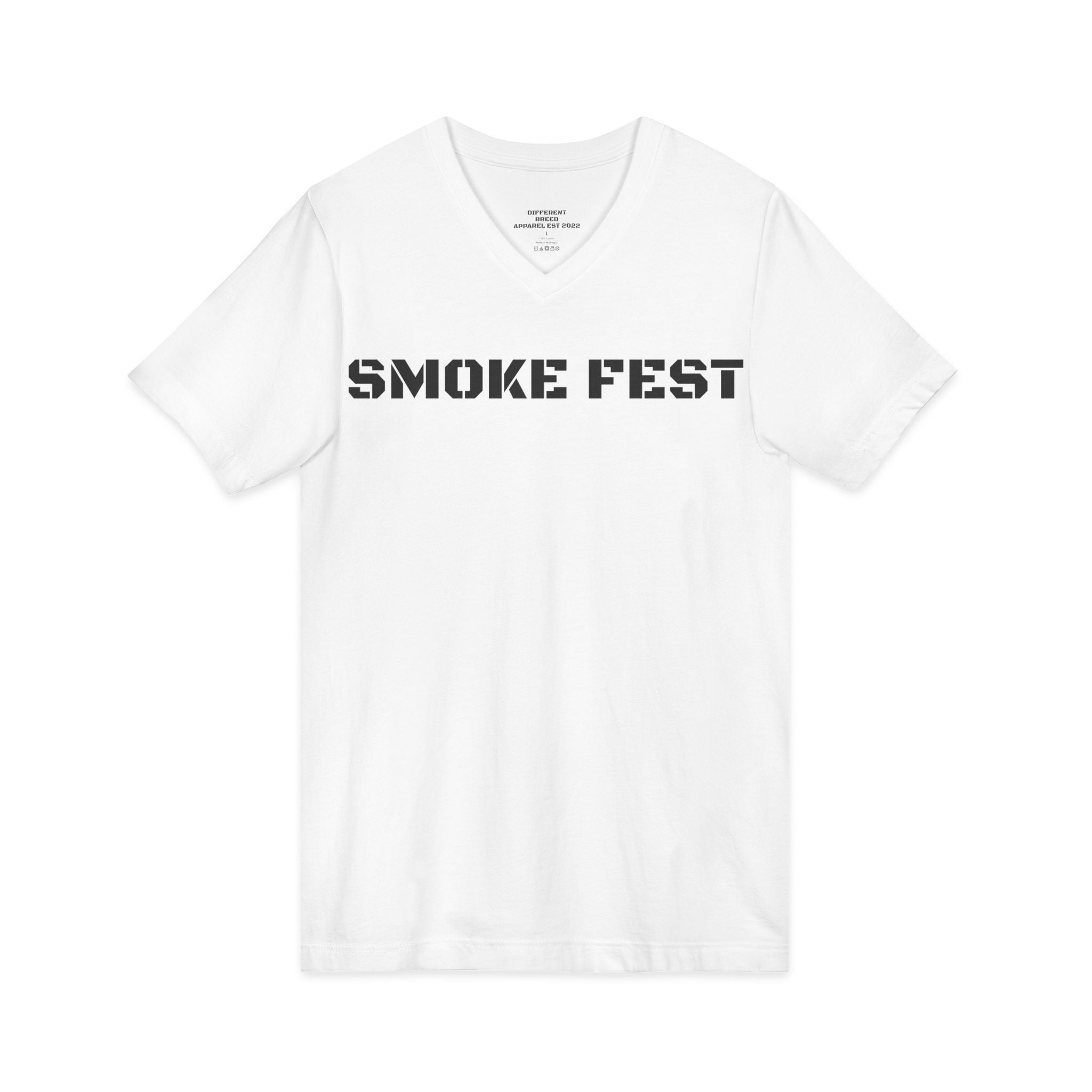 Smoke Fest V-Neck Tee — Bold Stencil Text T-Shirt for BBQ & Festival Fans