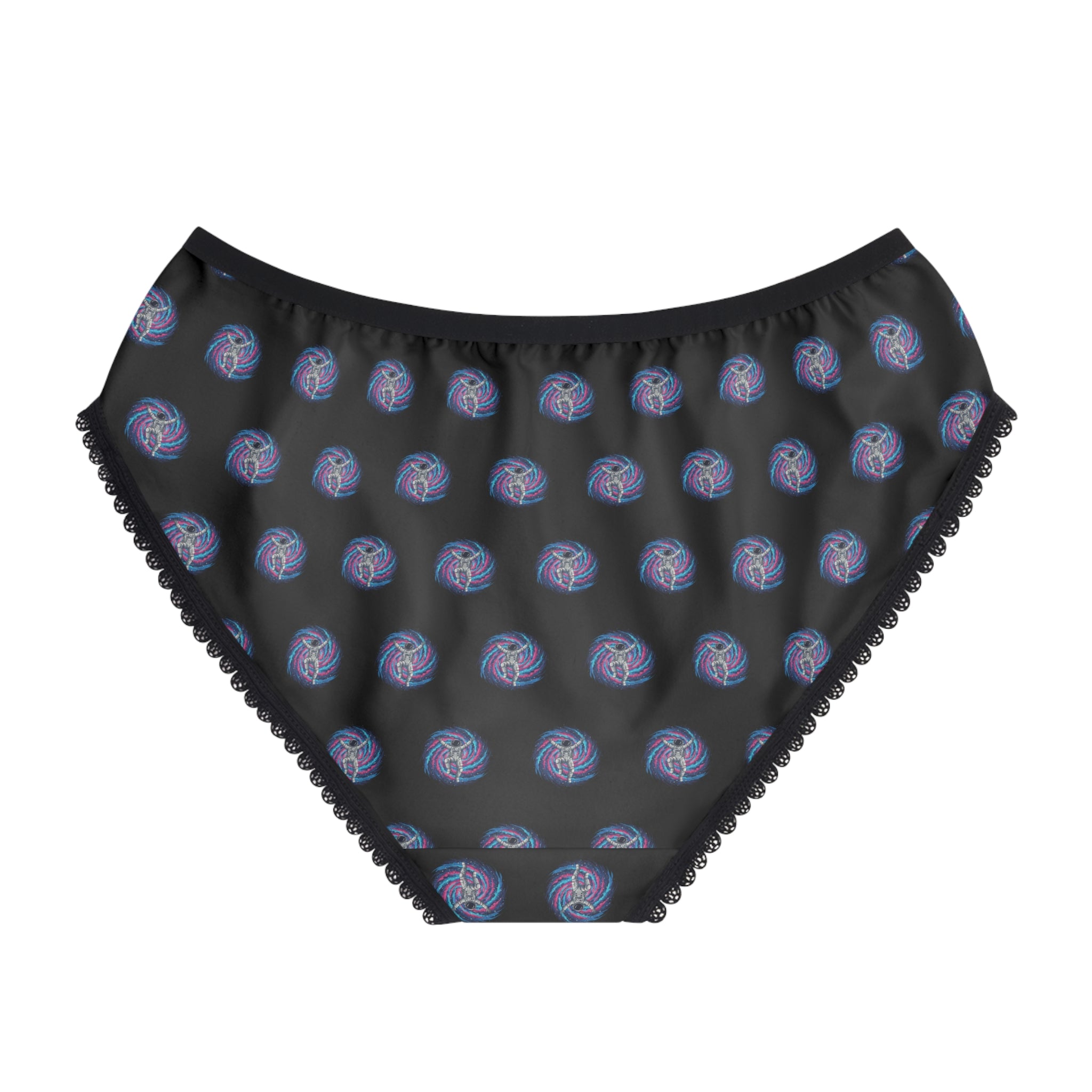 Black Cosmic Rose Women's Briefs — All-Over Print Comfortable Lace-Trim Panties