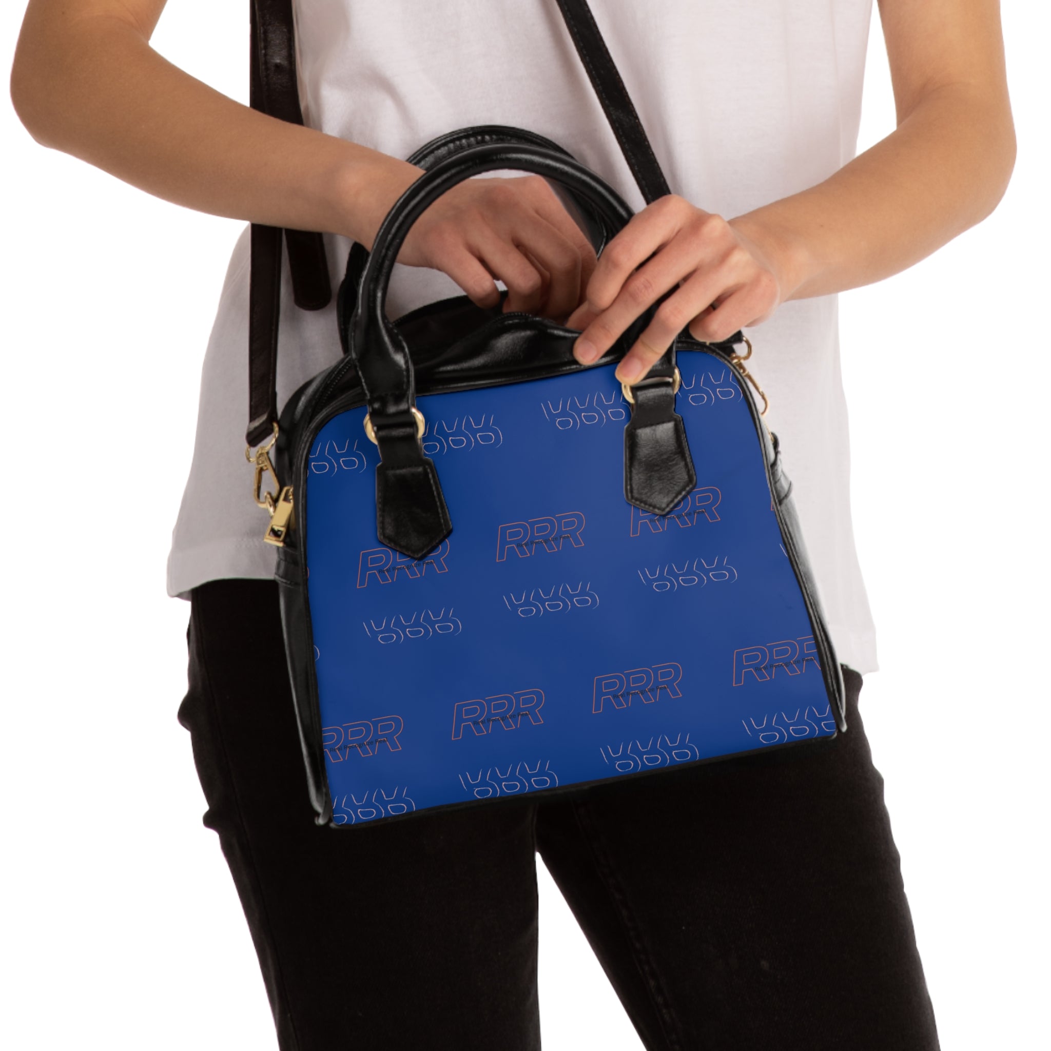 Blue Monogram Shoulder Handbag – Elegant Everyday Tote with Subtle Logo Pattern