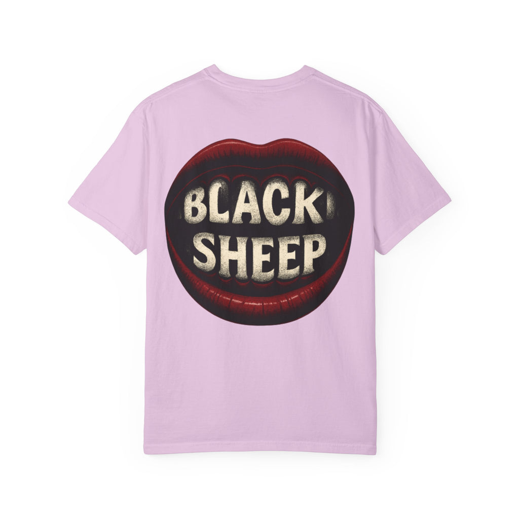 Black Sheep T-Shirt — Bold Back Lip Graphic & Front Text