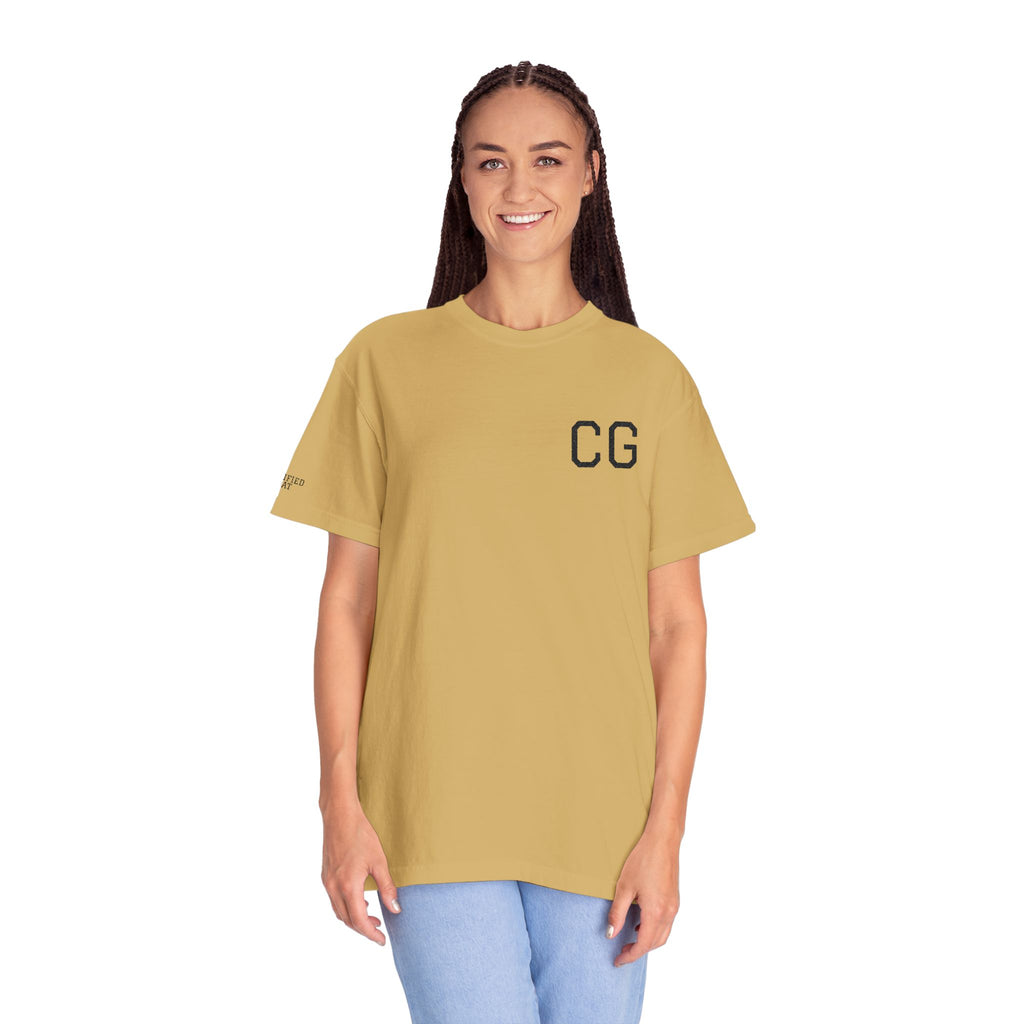 CG Chest Logo T‑Shirt — Minimalist White Tee with Sleeve Patch