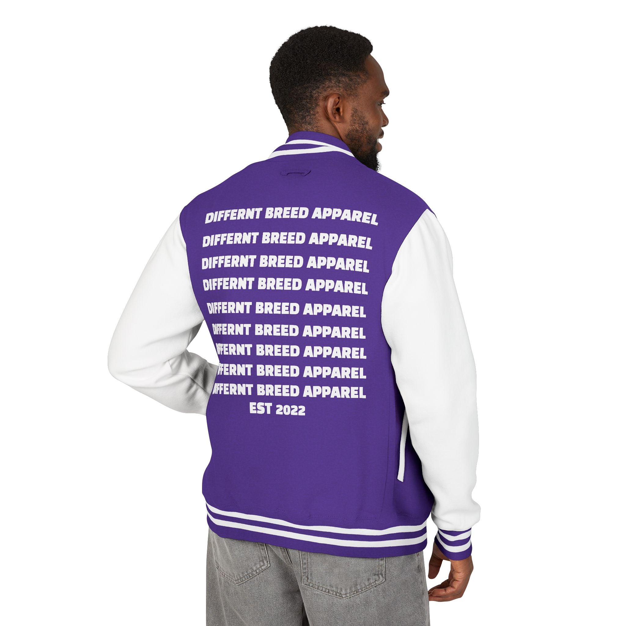 Letterman Jacket — Small Neon Portrait Patch & Repeated 'Different Breed Apparel' Back Print