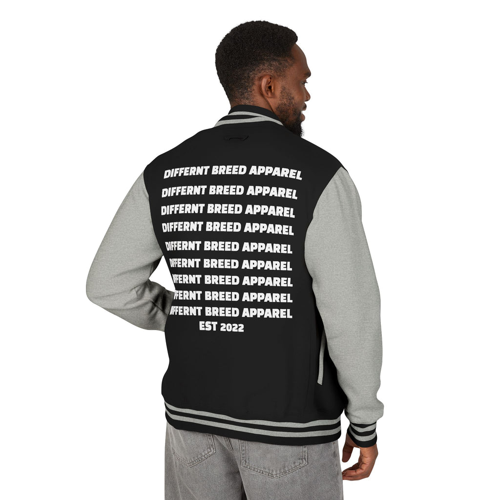 Letterman Jacket — Small Neon Portrait Patch & Repeated 'Different Breed Apparel' Back Print