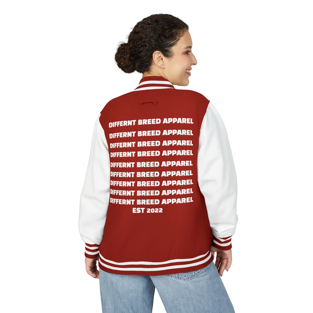 Letterman Jacket — Small Neon Portrait Patch & Repeated 'Different Breed Apparel' Back Print
