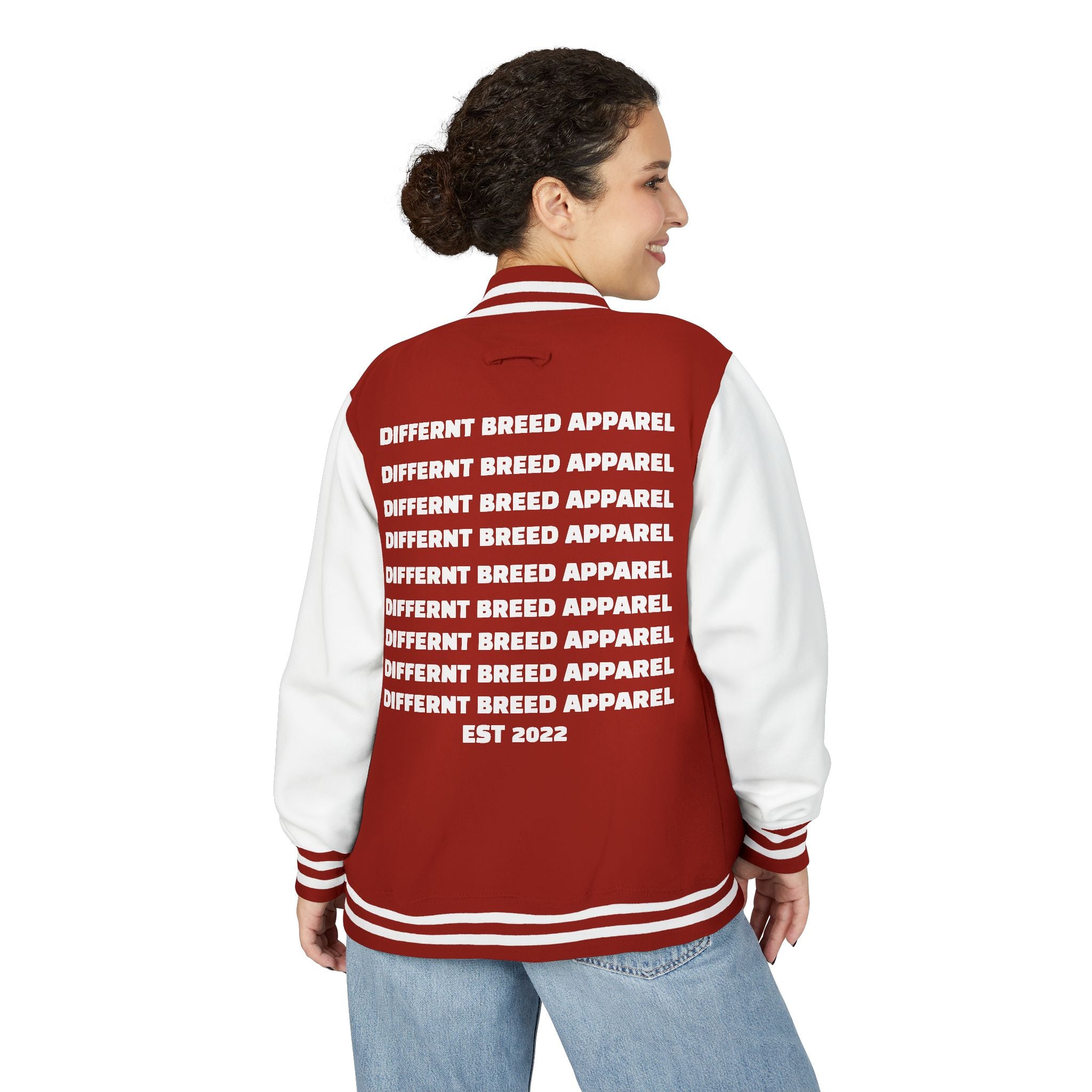 Letterman Jacket — Small Neon Portrait Patch & Repeated 'Different Breed Apparel' Back Print