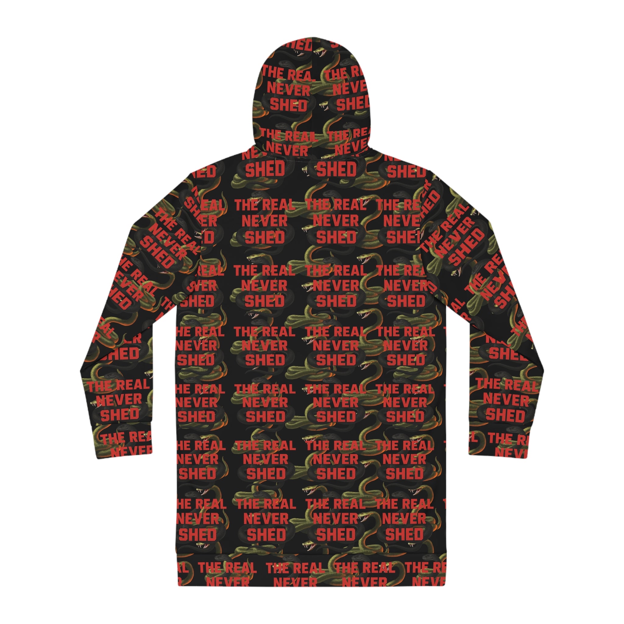 Women's Hoodie Dress — 'The Real Never Shed' All-Over Print Cozy Streetwear